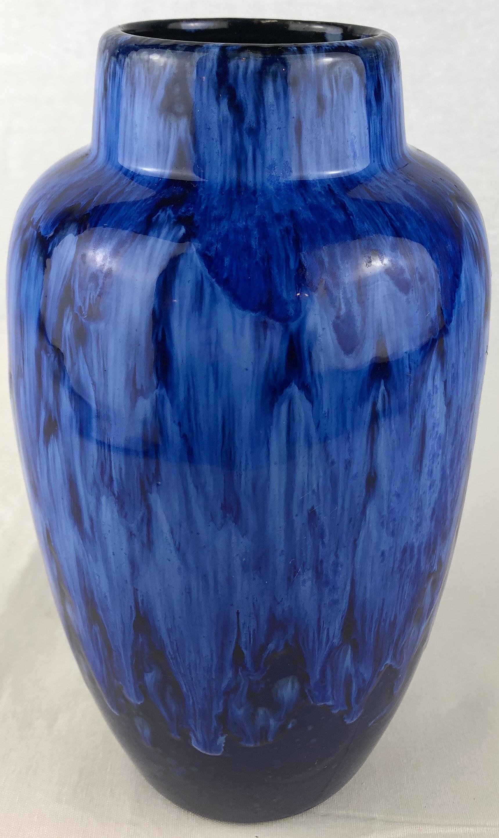 Glazed French Midcentury Cobalt Blue Ceramic Vase, Manner of Edmond Lachenal For Sale
