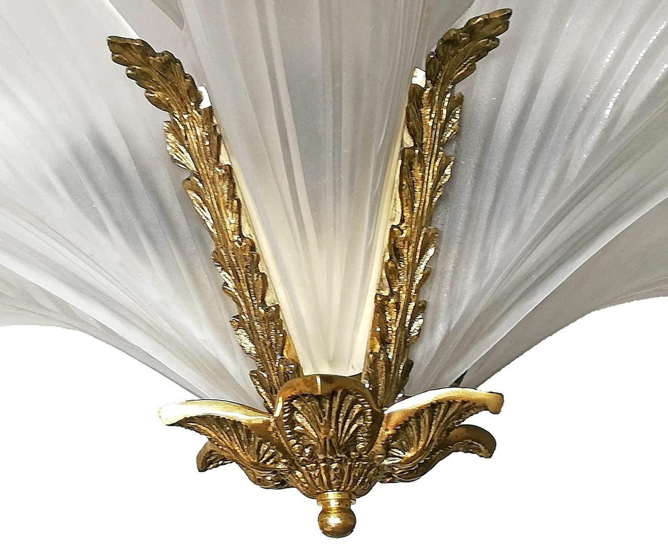 Stunning French Palm Tree Feather Art Deco 2-Tier Chandelier, Gilt Bronze, Glass For Sale 3