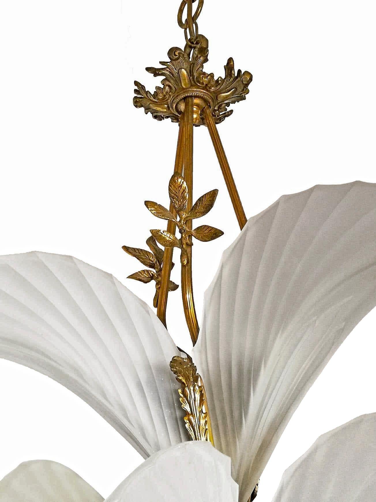 Stunning French Palm Tree Feather Art Deco 2-Tier Chandelier, Gilt Bronze, Glass For Sale 4