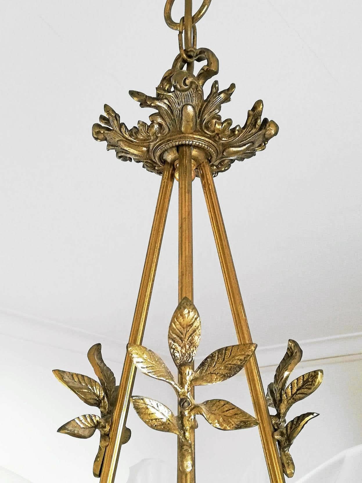 Stunning French Palm Tree Feather Art Deco 2-Tier Chandelier, Gilt Bronze, Glass For Sale 7