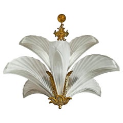 Stunning French Palm Tree Feather Art Deco 2-Tier Chandelier, Gilt Bronze, Glass