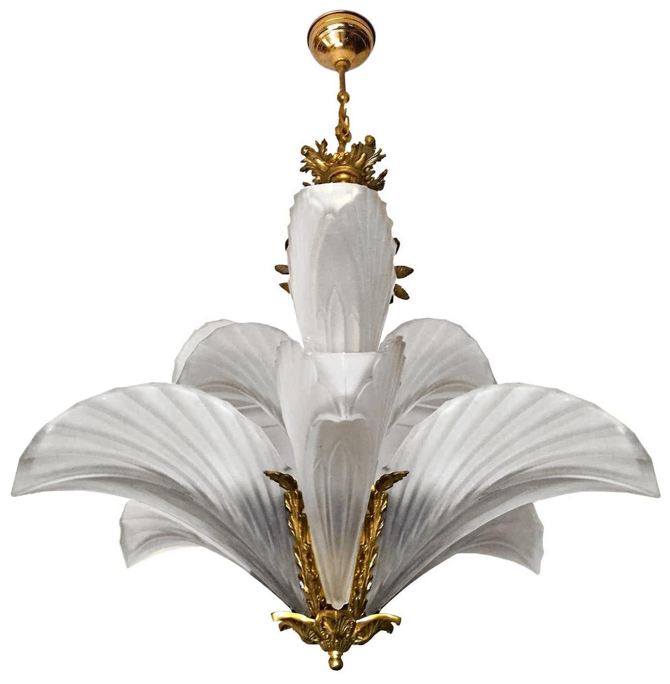 Hollywood Regency Stunning French Palm Tree Feather Art Deco 2-Tier Chandelier, Gilt Bronze, Glass For Sale