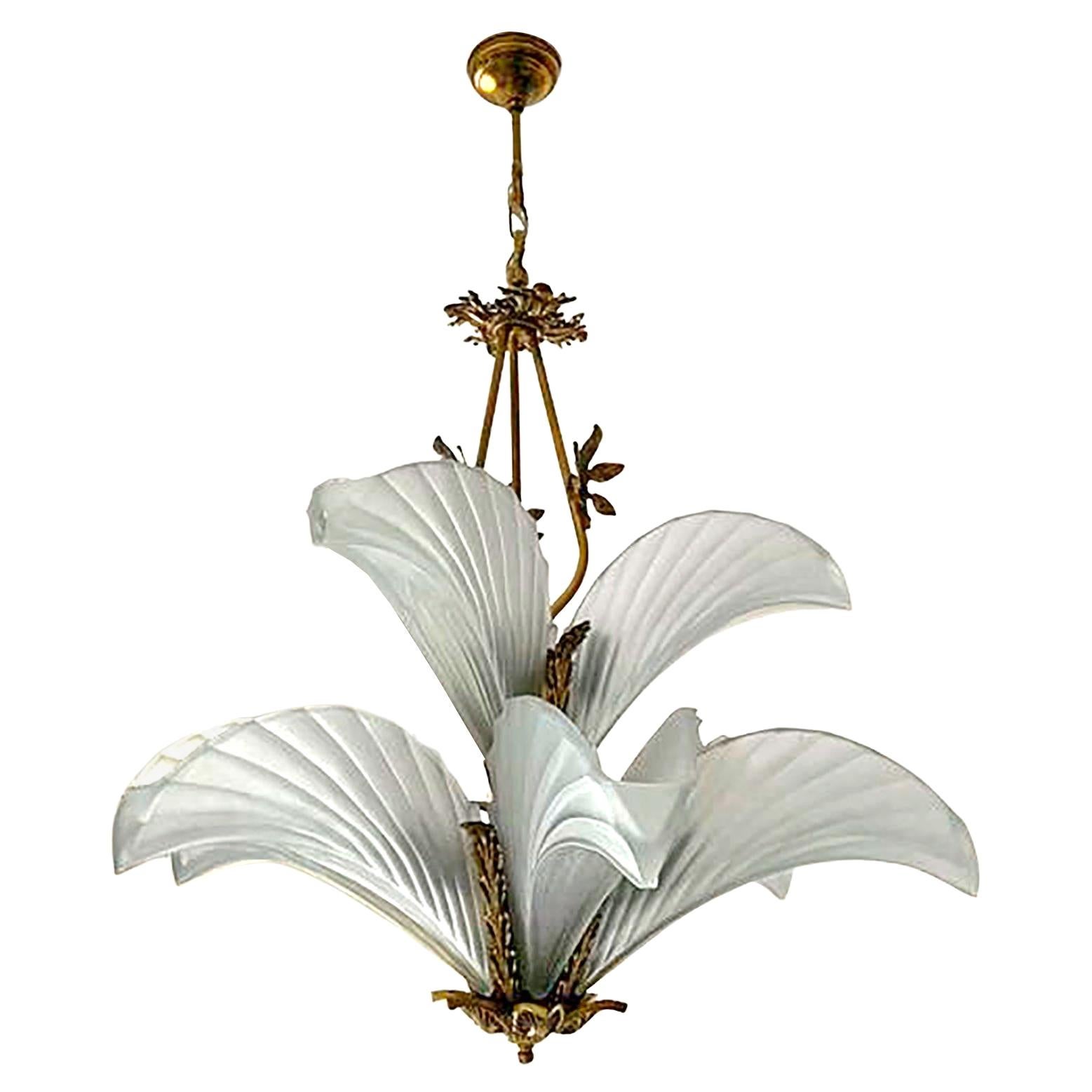 Cast Stunning French Palm Tree Feather Art Deco 2-Tier Chandelier, Gilt Bronze, Glass For Sale