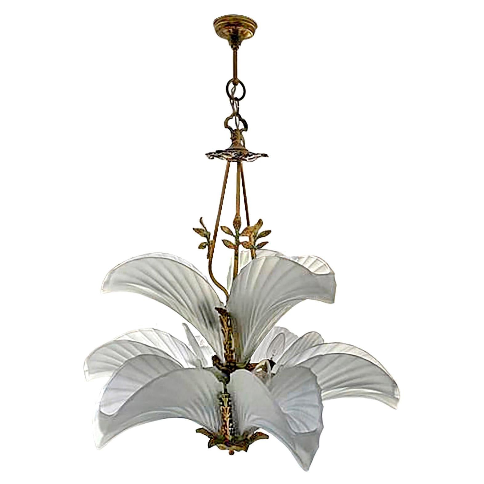 20th Century Stunning French Palm Tree Feather Art Deco 2-Tier Chandelier, Gilt Bronze, Glass For Sale