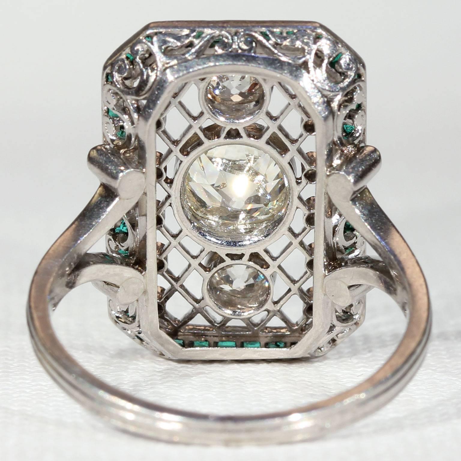 Cushion Cut Stunning French Platinum Emerald Diamond Belle Epoque Ring For Sale