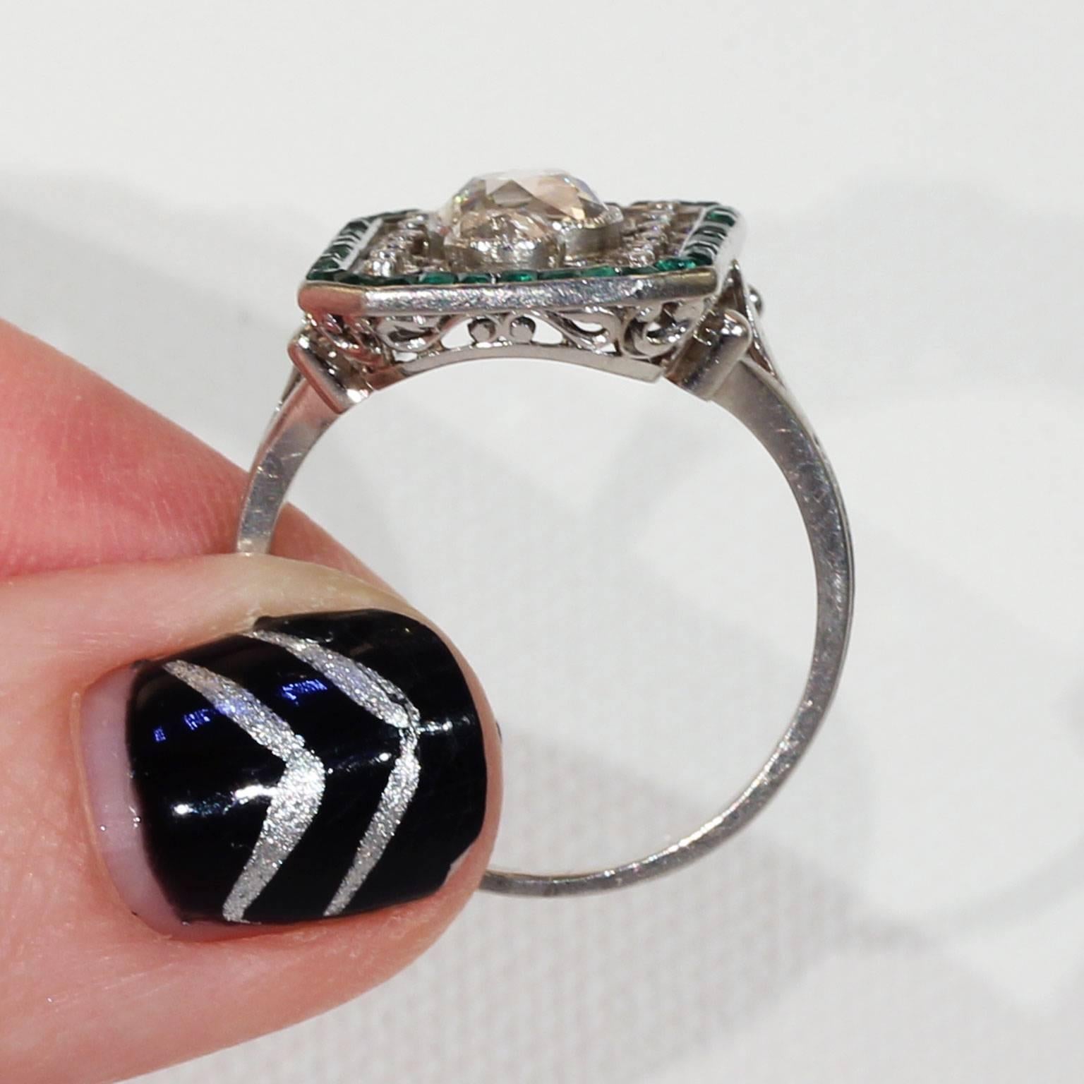 Stunning French Platinum Emerald Diamond Belle Epoque Ring For Sale 1