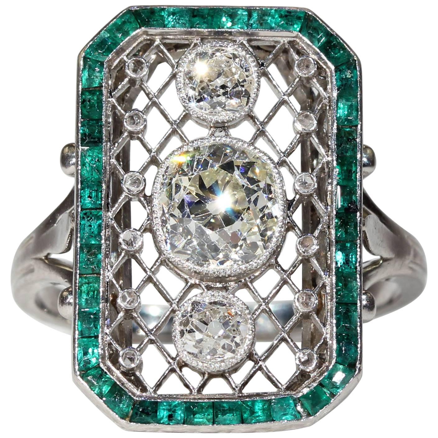 Stunning French Platinum Emerald Diamond Belle Epoque Ring For Sale