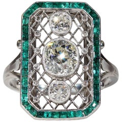 Stunning French Platinum Emerald Diamond Belle Epoque Ring