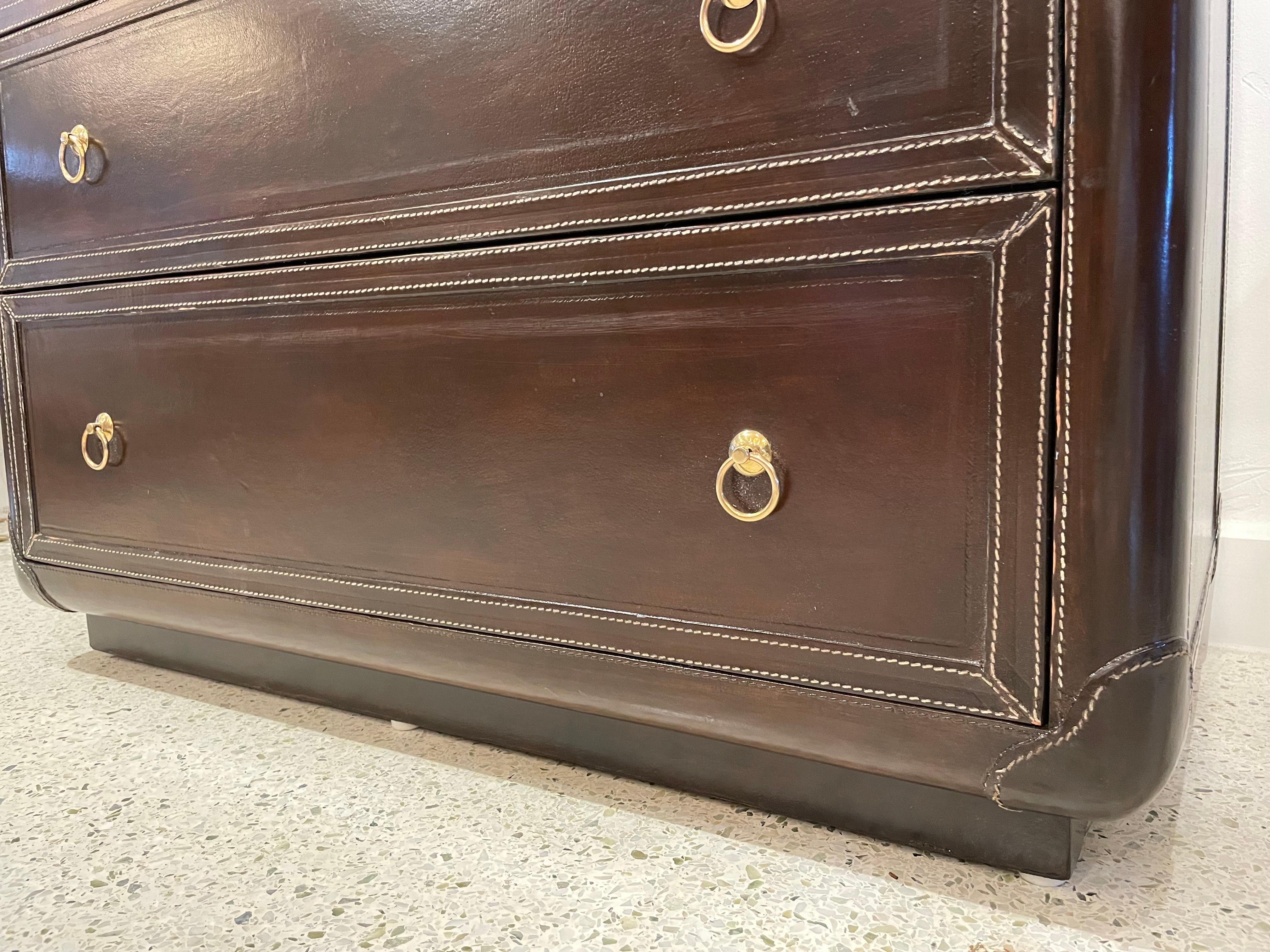 Stunning French Stitched Leather Clad 3-Drawer Cabinet For Sale 5
