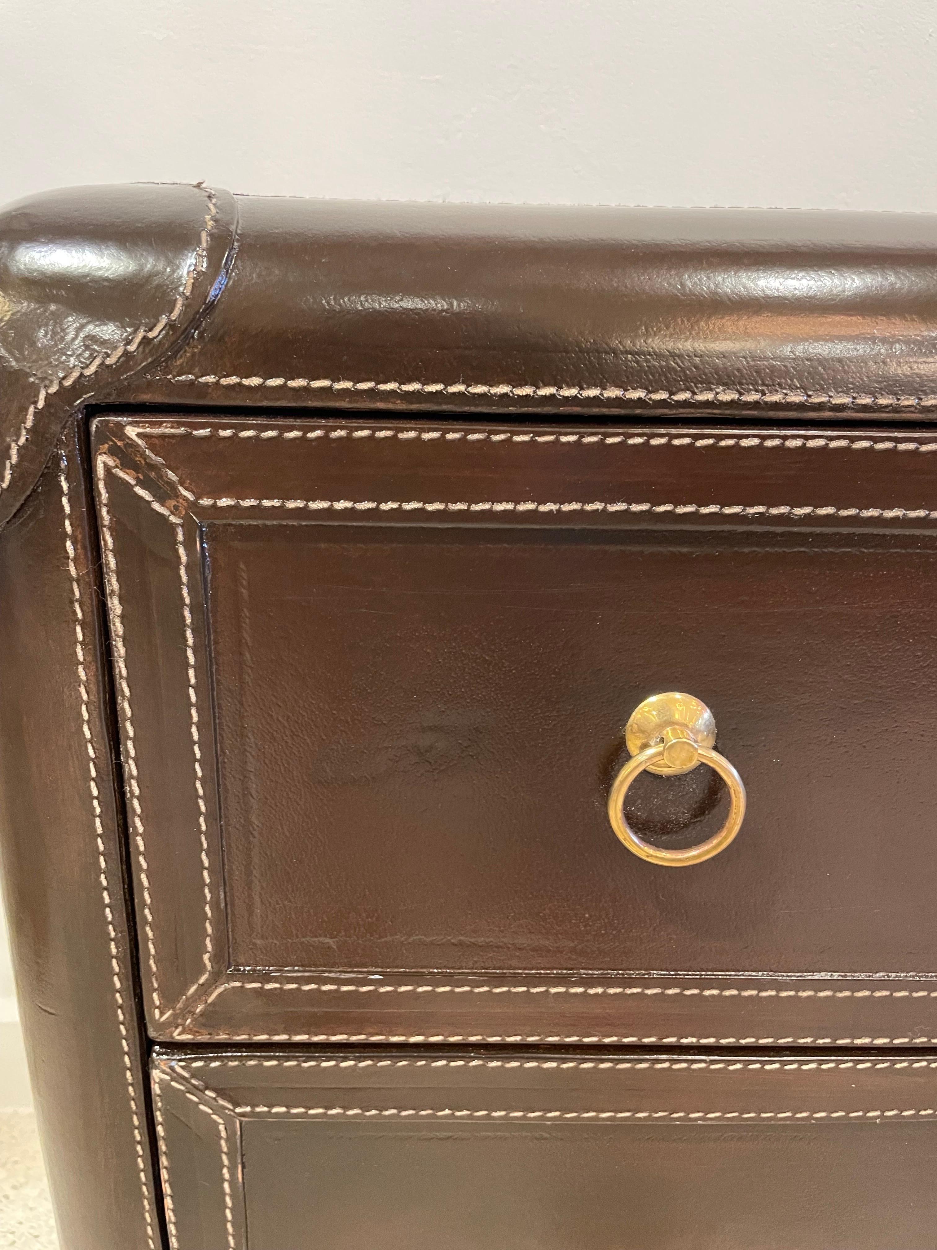 Stunning French Stitched Leather Clad 3-Drawer Cabinet For Sale 1