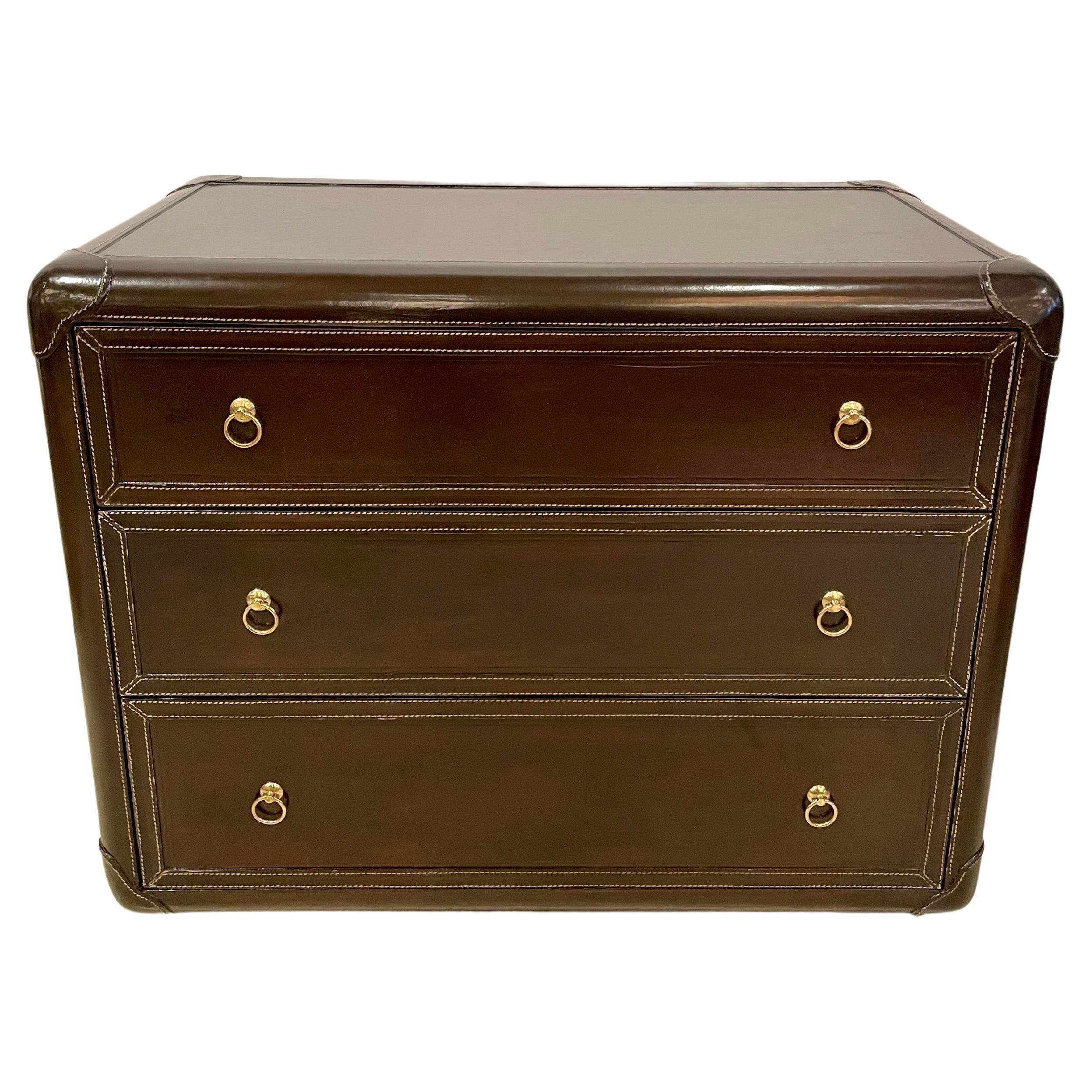 Stunning French Stitched Leather Clad 3-Drawer Cabinet For Sale