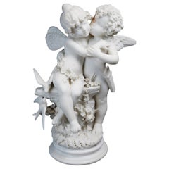 Stunning French White Statuary Marble Couple of Cherubs