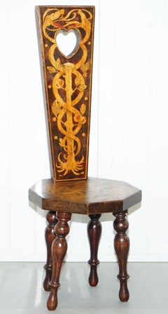 Stunning Fruitwood Antique Victorian Dragon Hand-Painted Spinning Sewing Chair