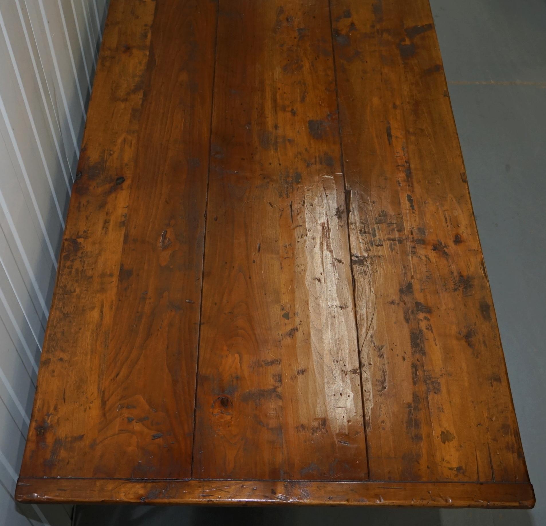Stunning Fruitwood Three Plank Top French Farmhouse Refectory Dining Table 4