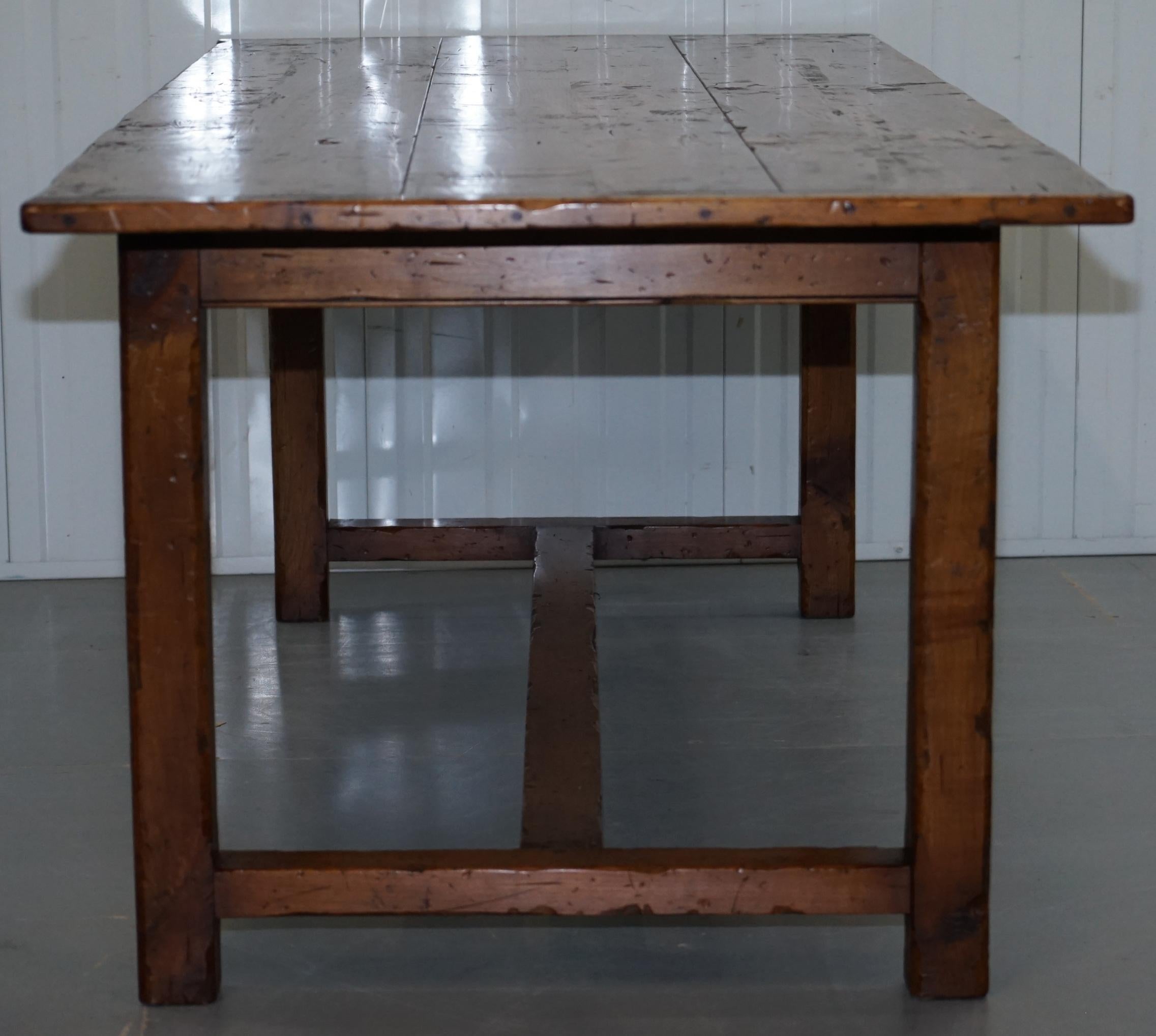 Stunning Fruitwood Three Plank Top French Farmhouse Refectory Dining Table 9
