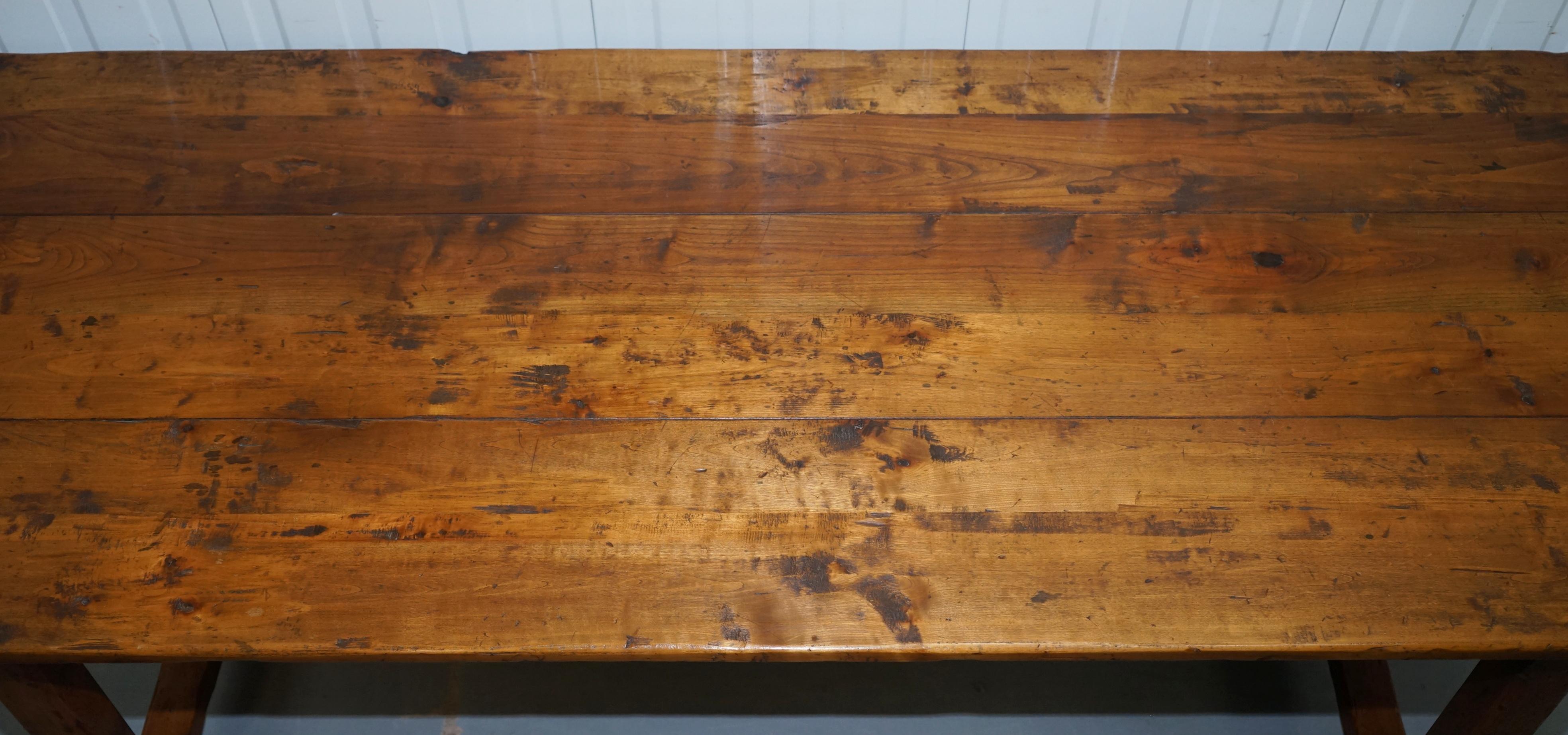 English Stunning Fruitwood Three Plank Top French Farmhouse Refectory Dining Table