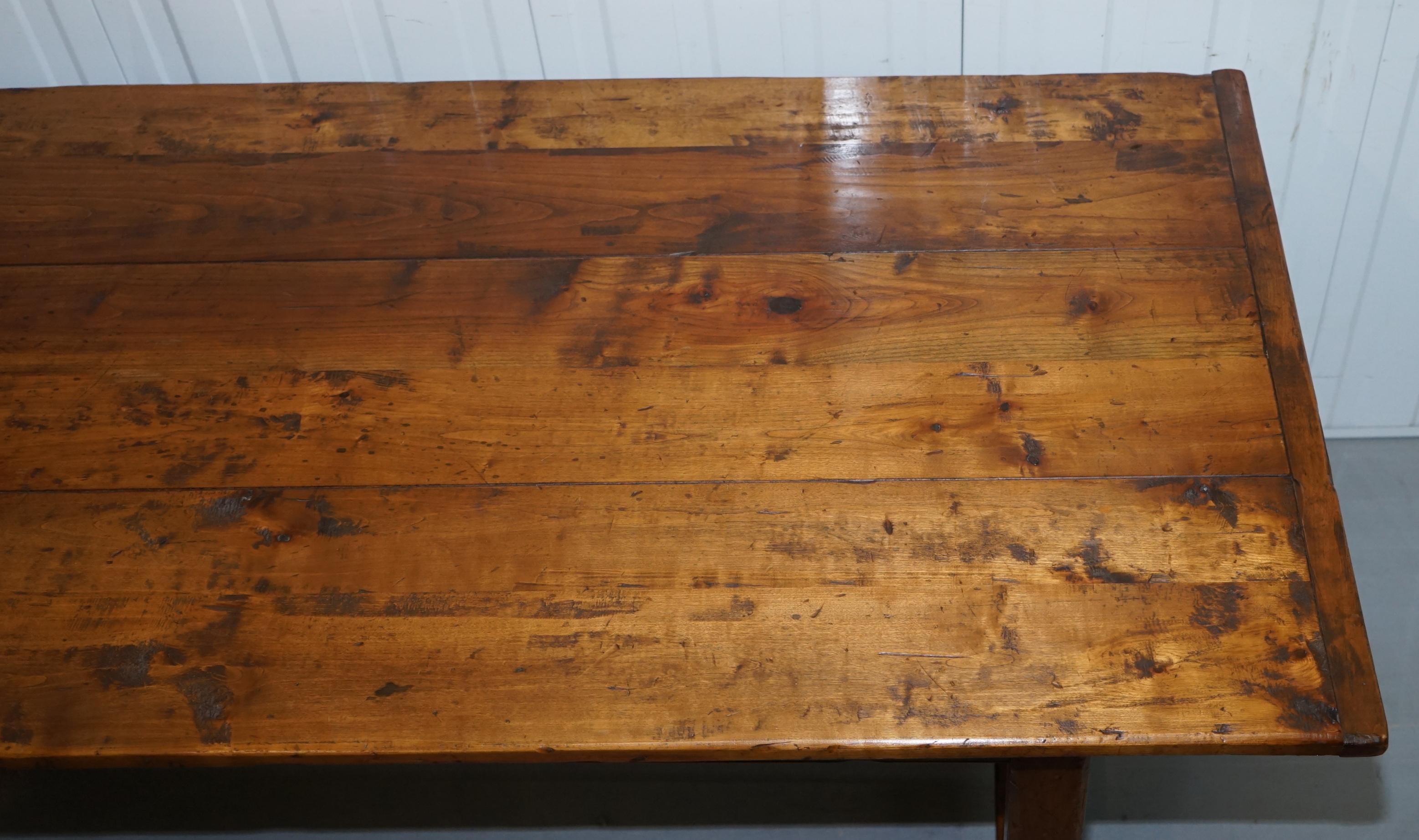 Hand-Carved Stunning Fruitwood Three Plank Top French Farmhouse Refectory Dining Table