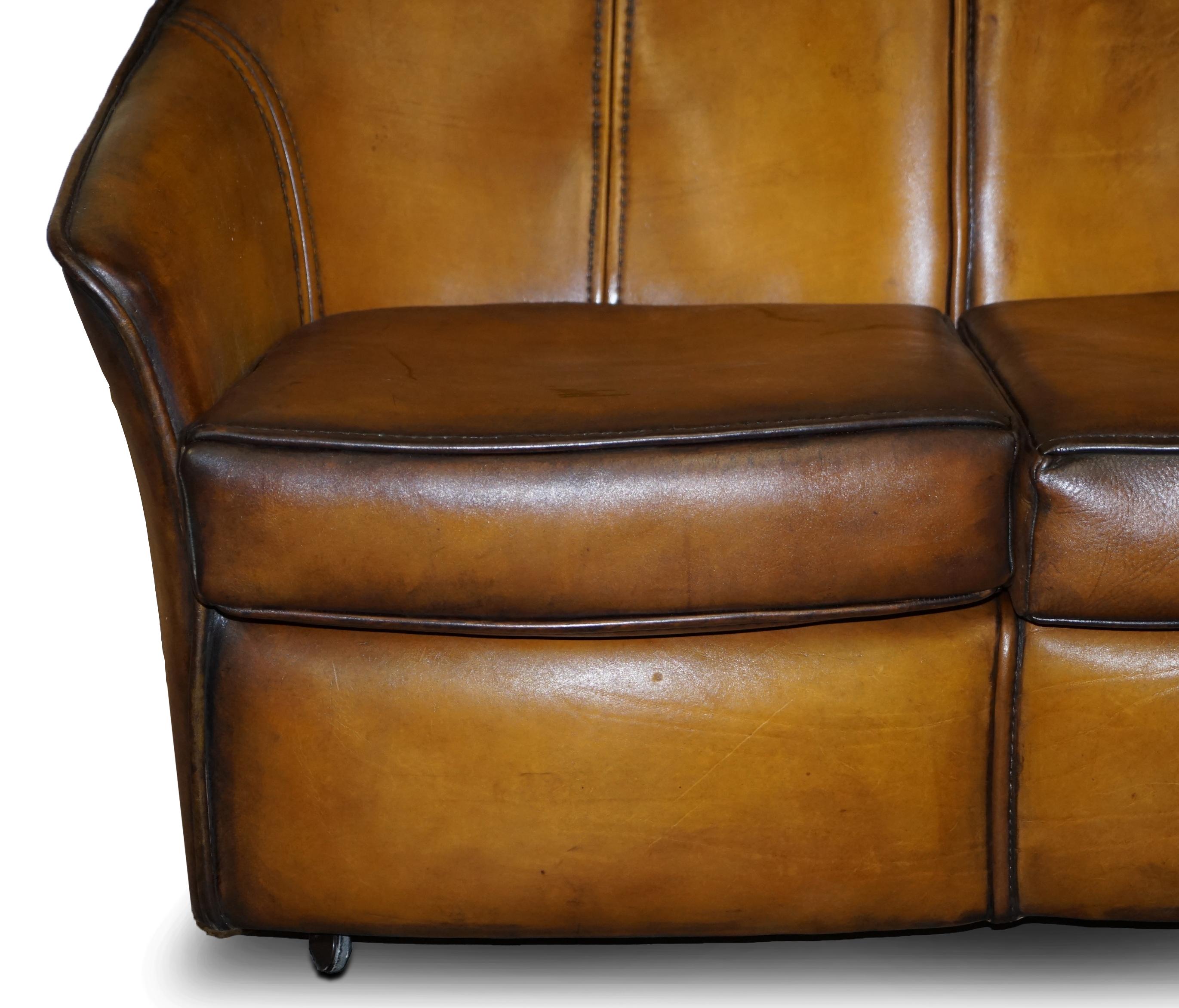 Stunning Fully Restored Art Modern Curved Back Brown Leather Sofa Part of Suite 3