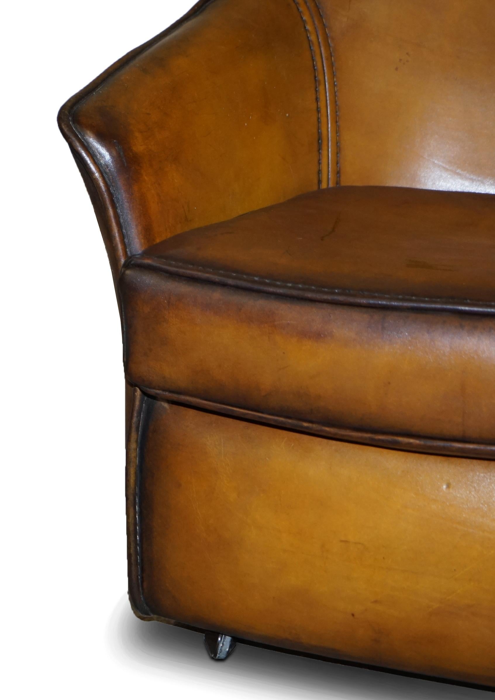 Stunning Fully Restored Art Modern Curved Back Brown Leather Sofa Part of Suite 4