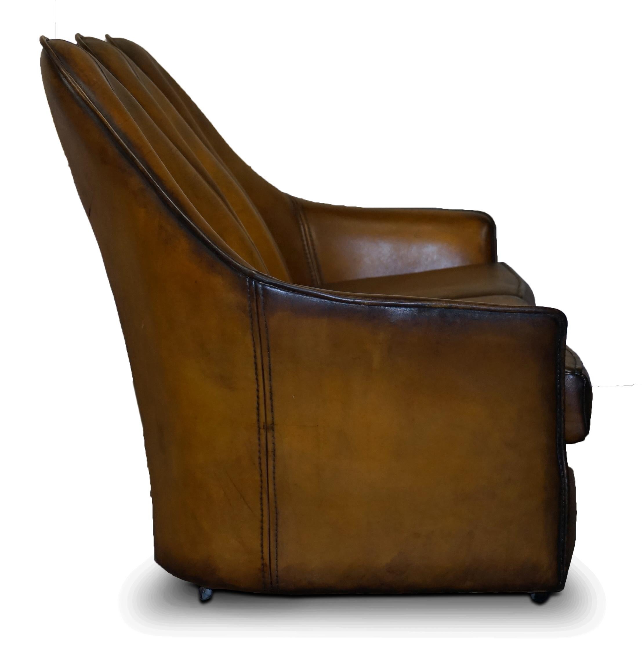 Stunning Fully Restored Art Modern Curved Back Brown Leather Sofa Part of Suite 5