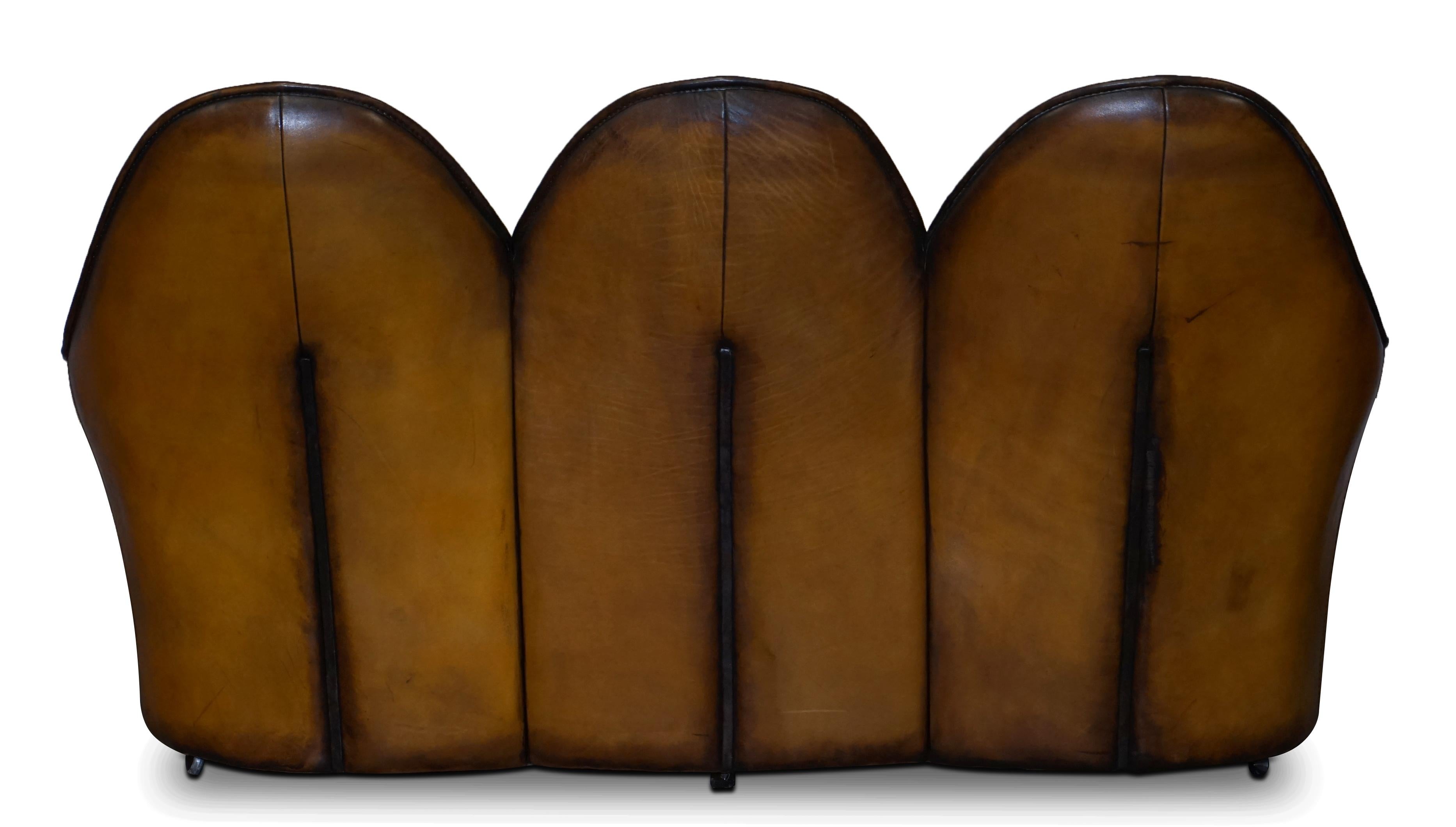 Stunning Fully Restored Art Modern Curved Back Brown Leather Sofa Part of Suite 6