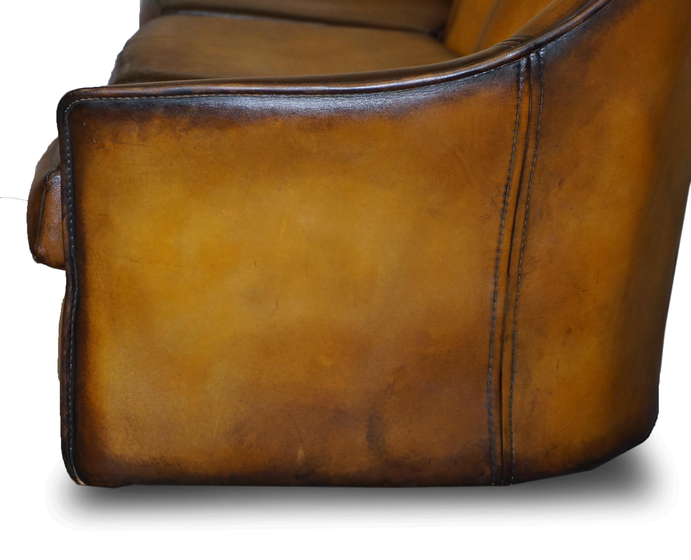 Stunning Fully Restored Art Modern Curved Back Brown Leather Sofa Part of Suite 8