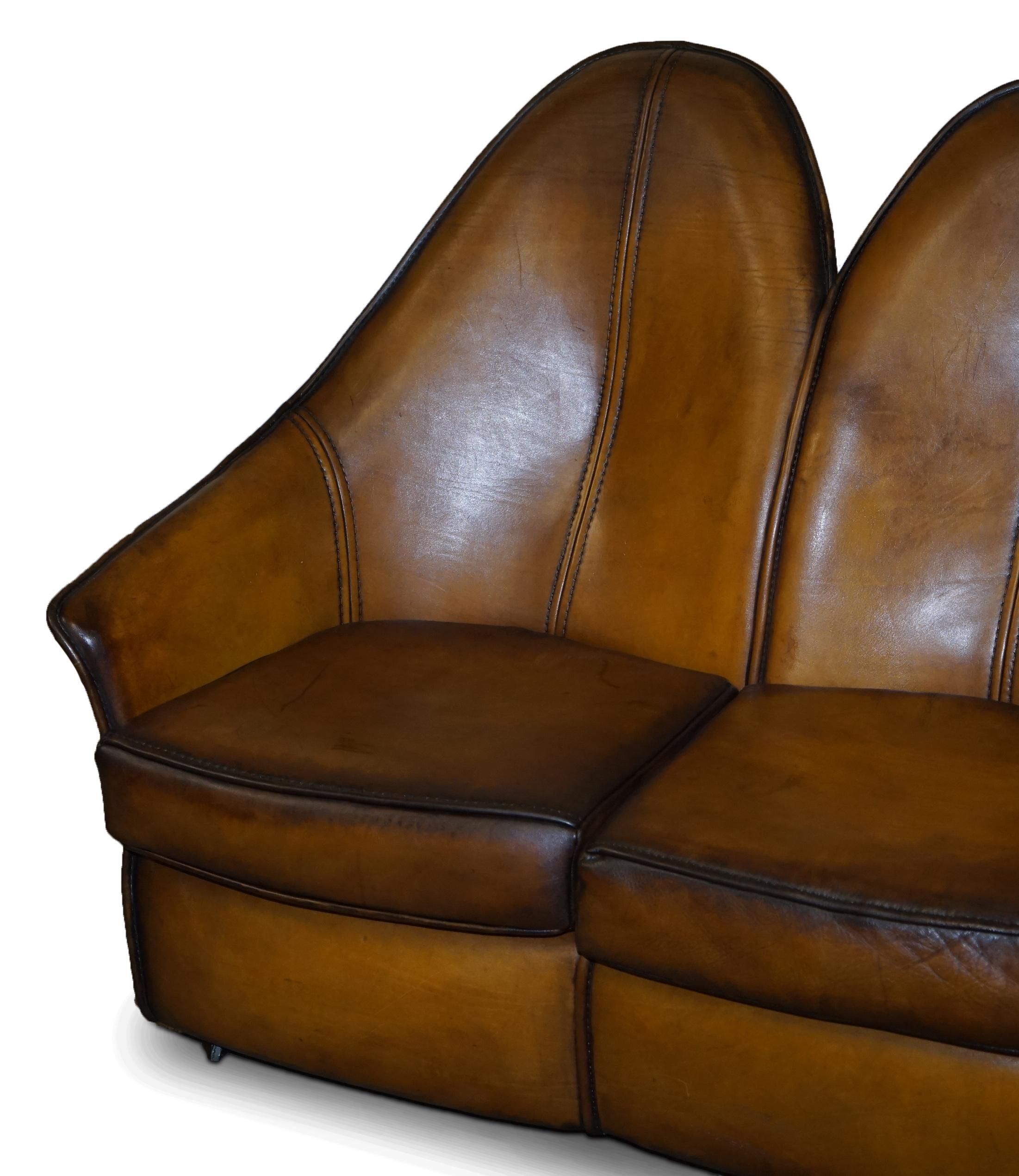 Post-Modern Stunning Fully Restored Art Modern Curved Back Brown Leather Sofa Part of Suite