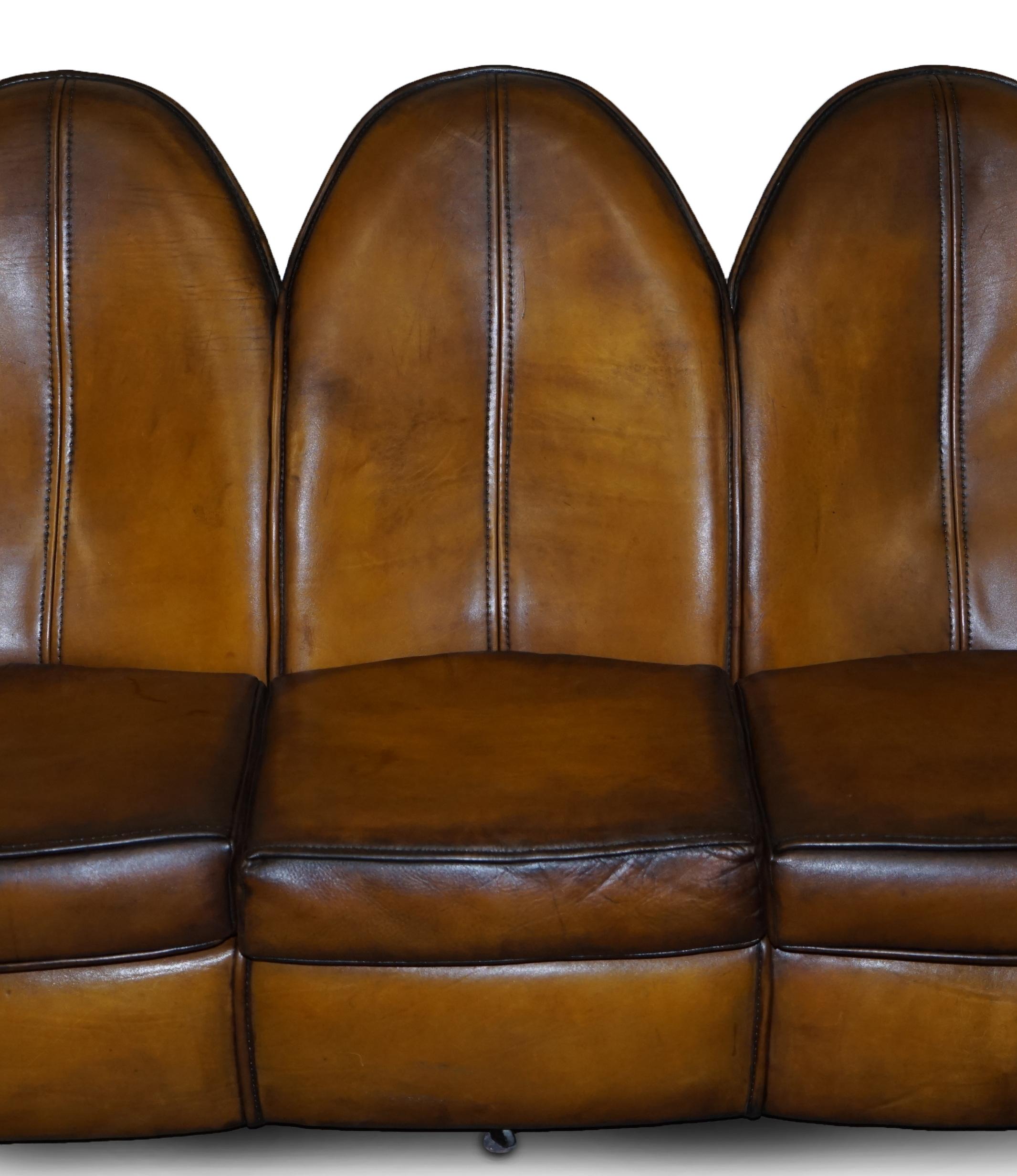 English Stunning Fully Restored Art Modern Curved Back Brown Leather Sofa Part of Suite