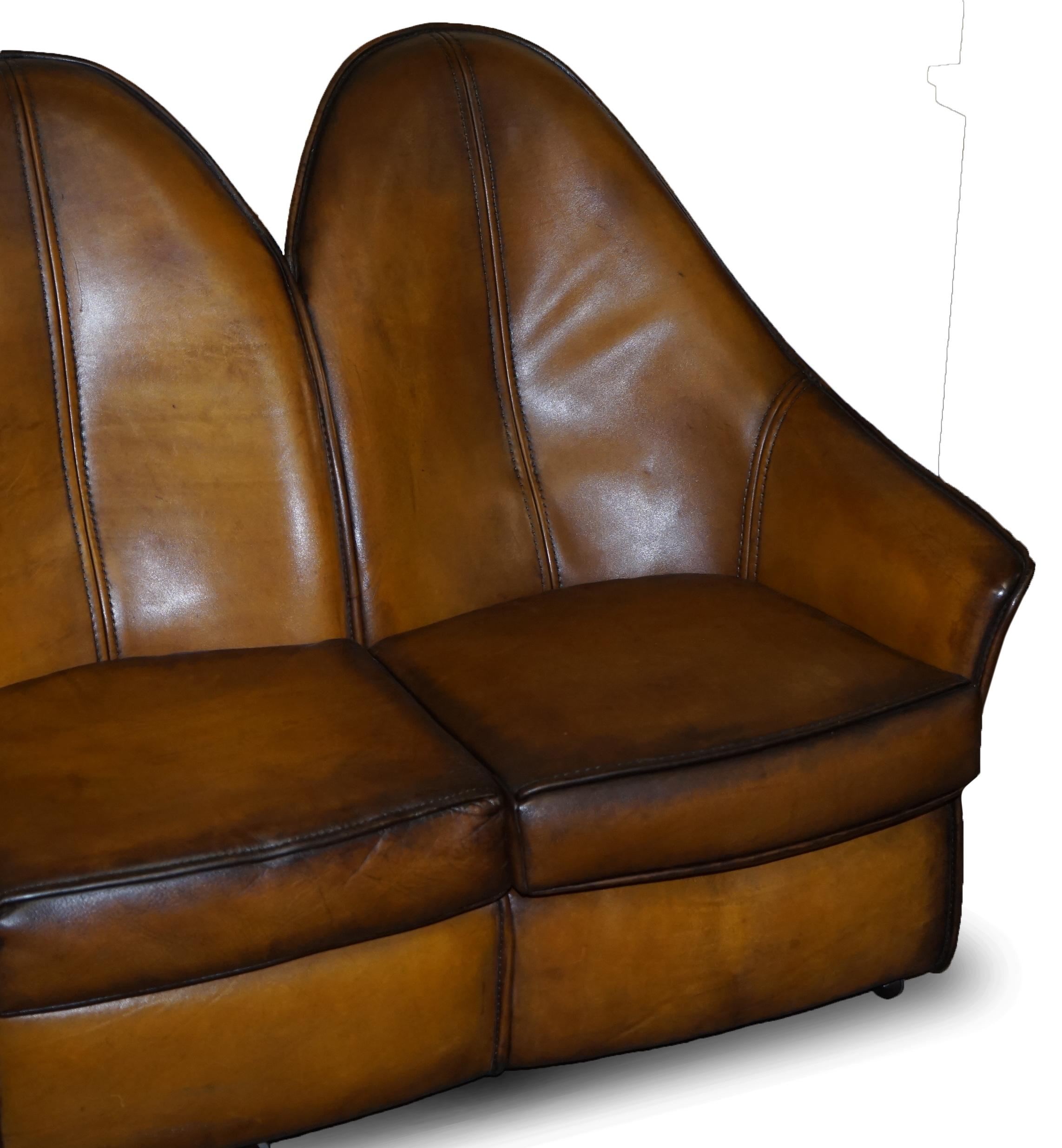 Hand-Crafted Stunning Fully Restored Art Modern Curved Back Brown Leather Sofa Part of Suite