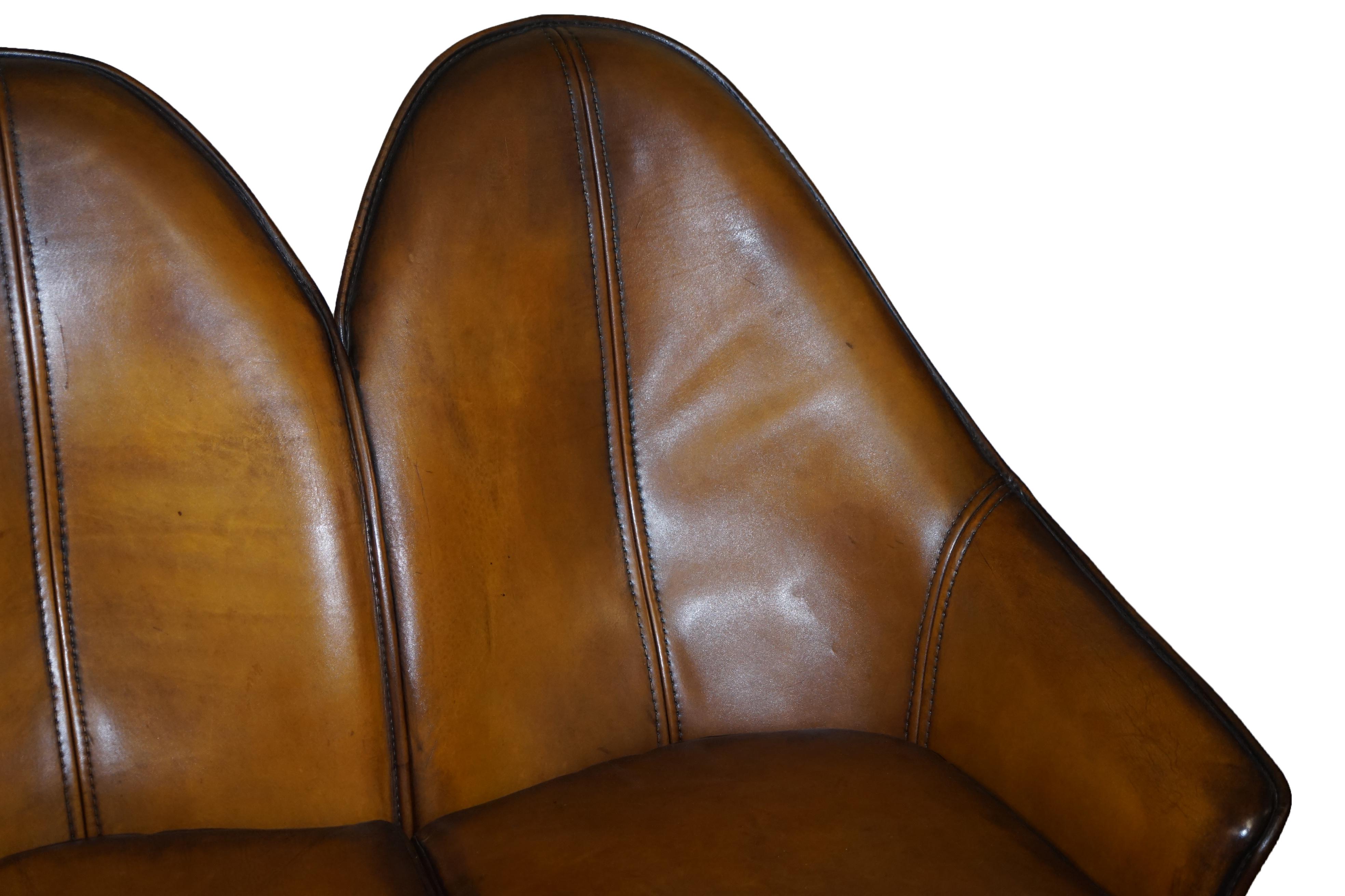 20th Century Stunning Fully Restored Art Modern Curved Back Brown Leather Sofa Part of Suite
