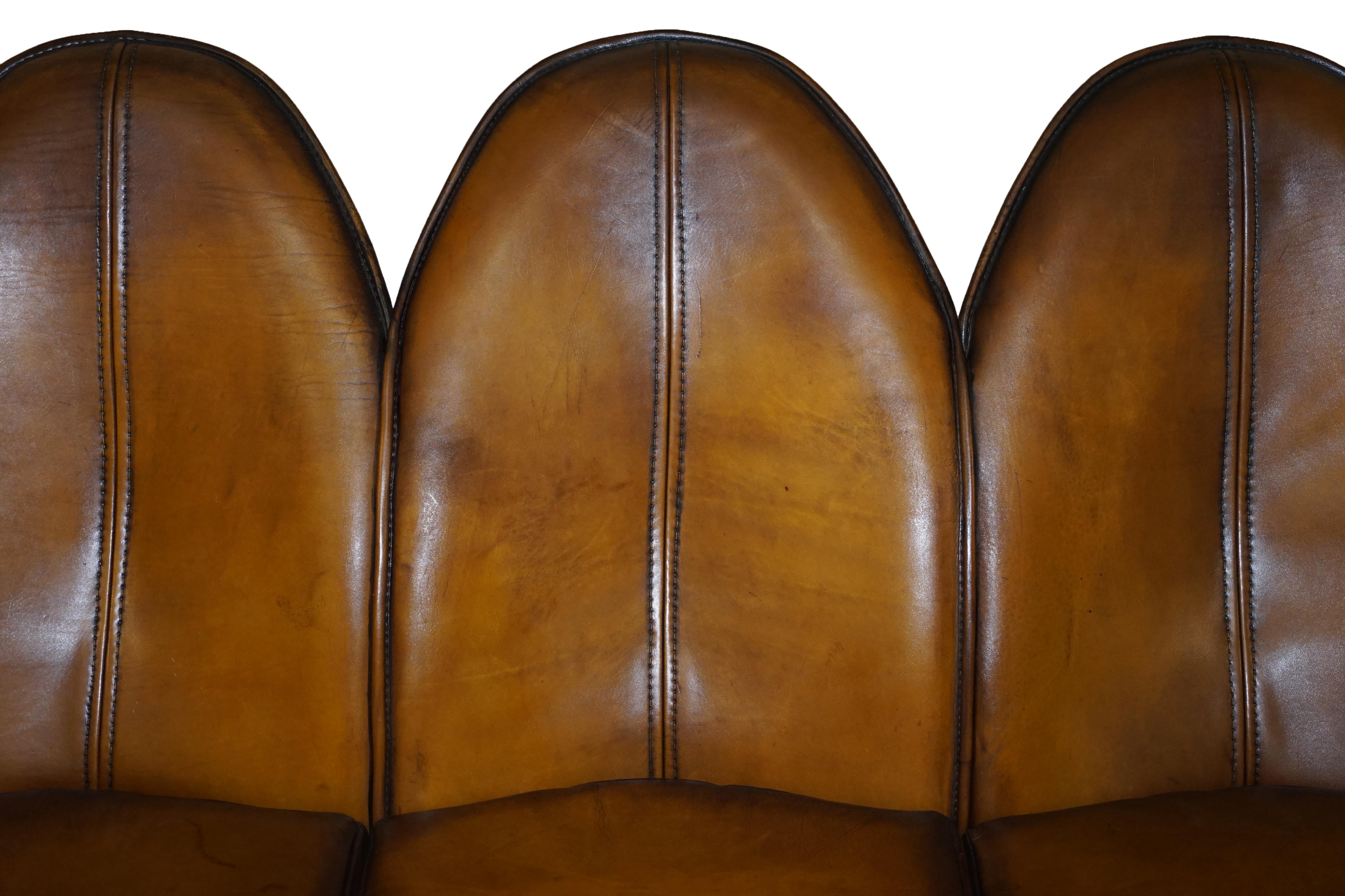 Stunning Fully Restored Art Modern Curved Back Brown Leather Sofa Part of Suite 1