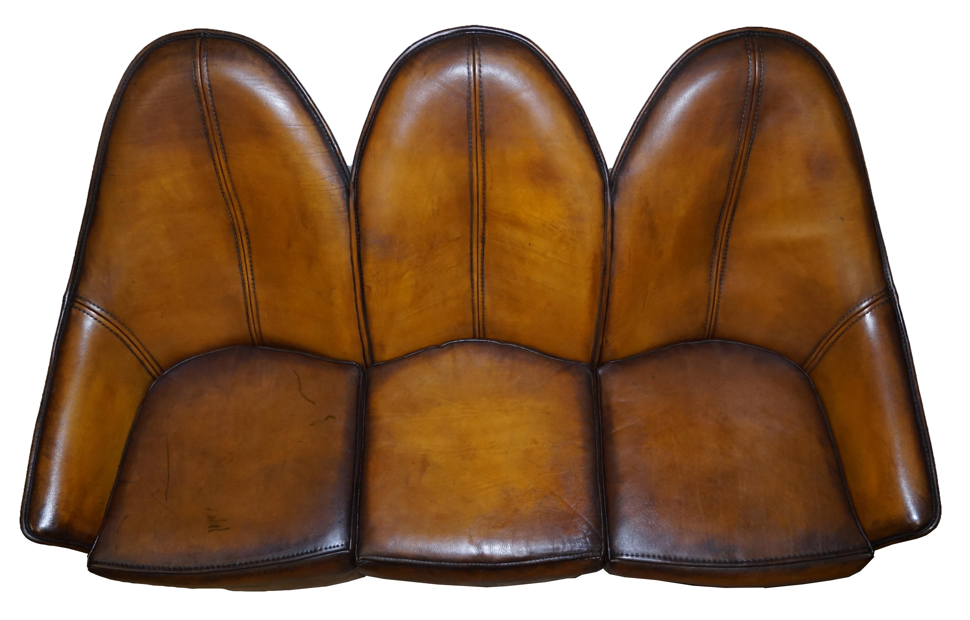 Stunning Fully Restored Art Modern Curved Back Brown Leather Sofa Part of Suite 2