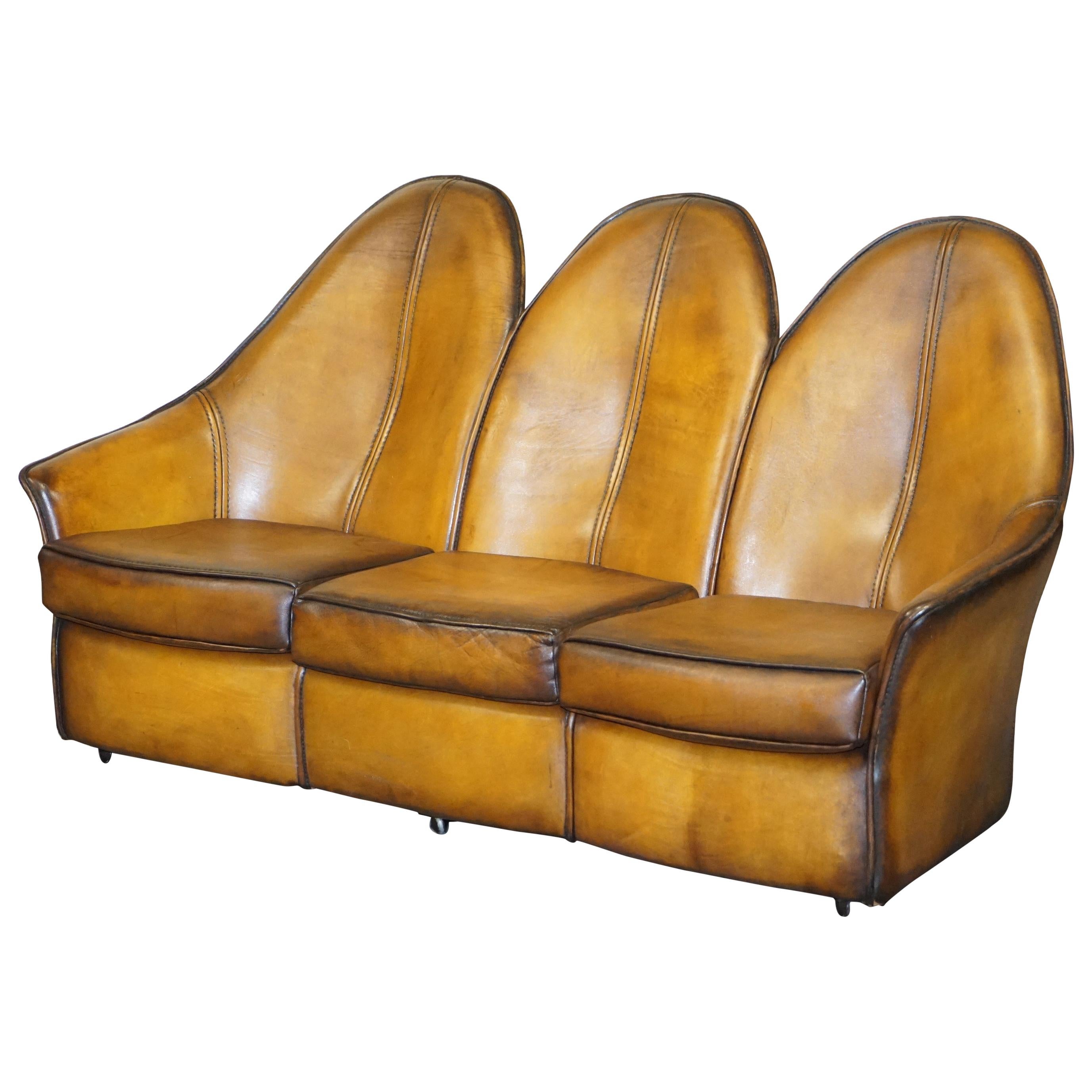 Stunning Fully Restored Art Modern Curved Back Brown Leather Sofa Part of Suite