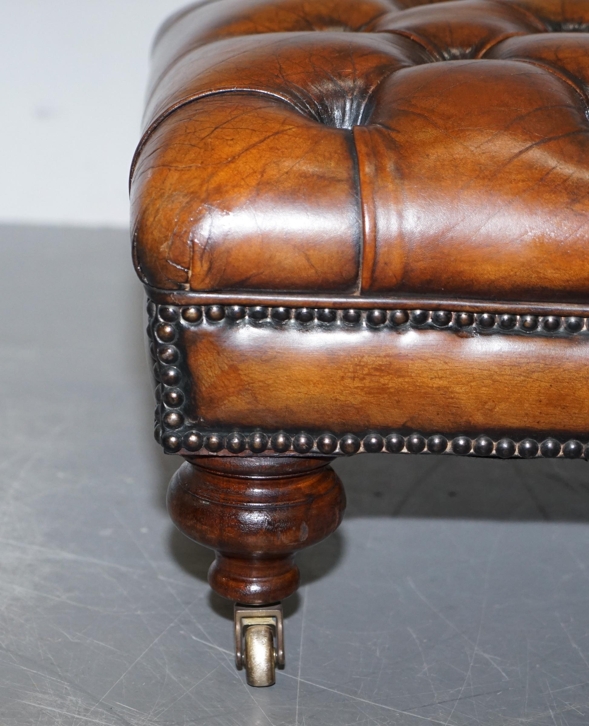 Stunning Fully Restored Chesterfield Brown Leather Hand Dyed Footstool Ottoman 4