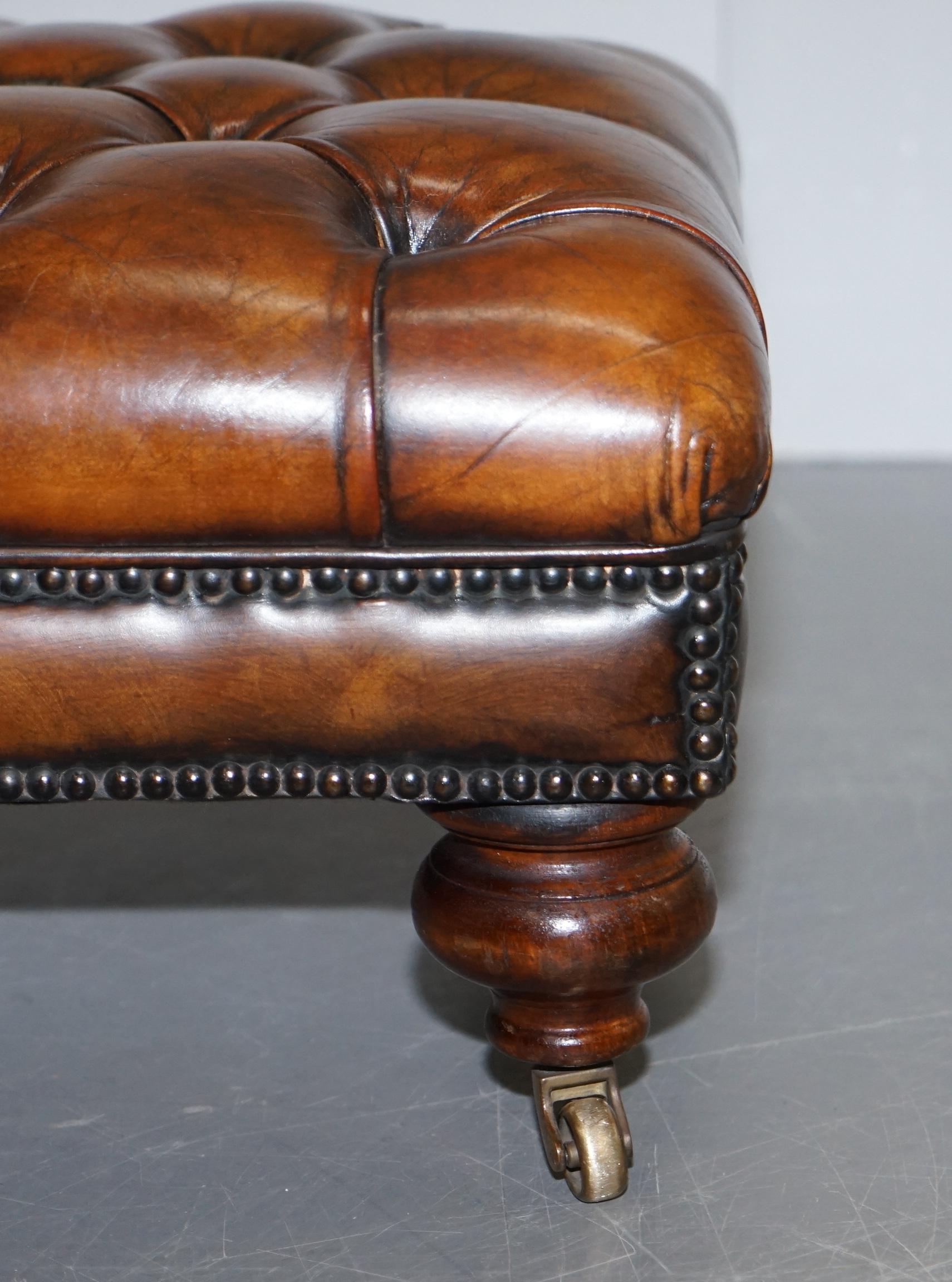 Stunning Fully Restored Chesterfield Brown Leather Hand Dyed Footstool Ottoman 5