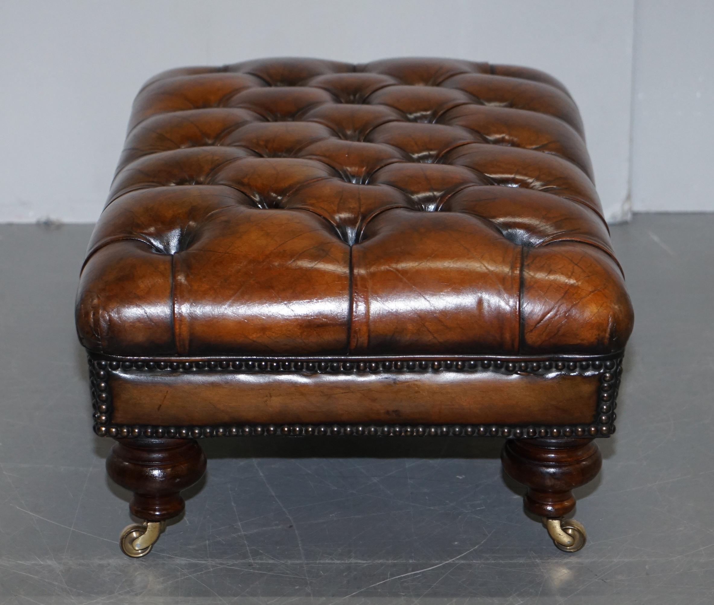 Stunning Fully Restored Chesterfield Brown Leather Hand Dyed Footstool Ottoman 7