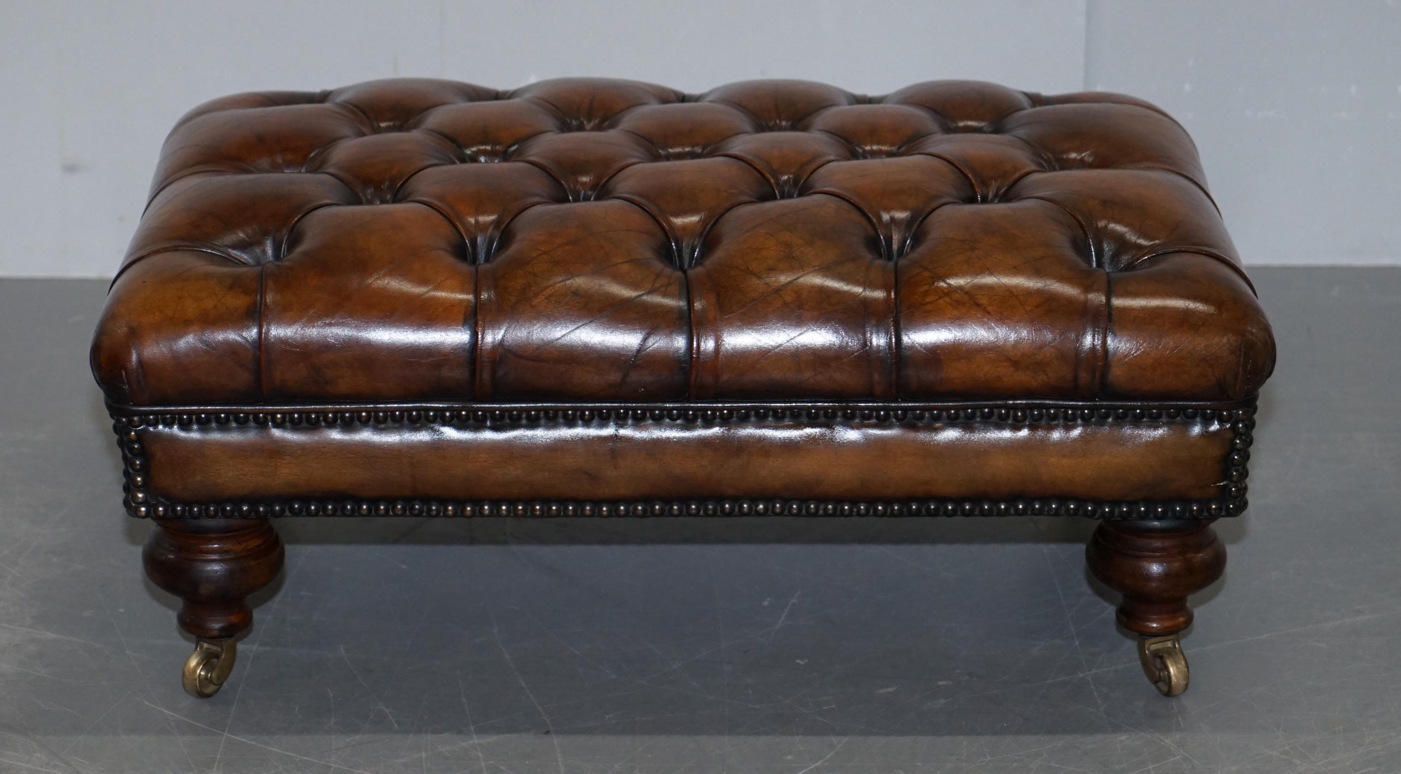 Stunning Fully Restored Chesterfield Brown Leather Hand Dyed Footstool Ottoman 8