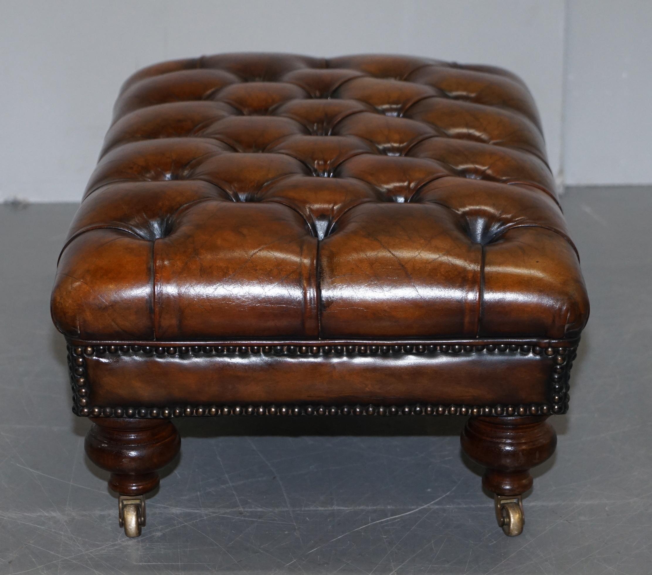 Stunning Fully Restored Chesterfield Brown Leather Hand Dyed Footstool Ottoman 9