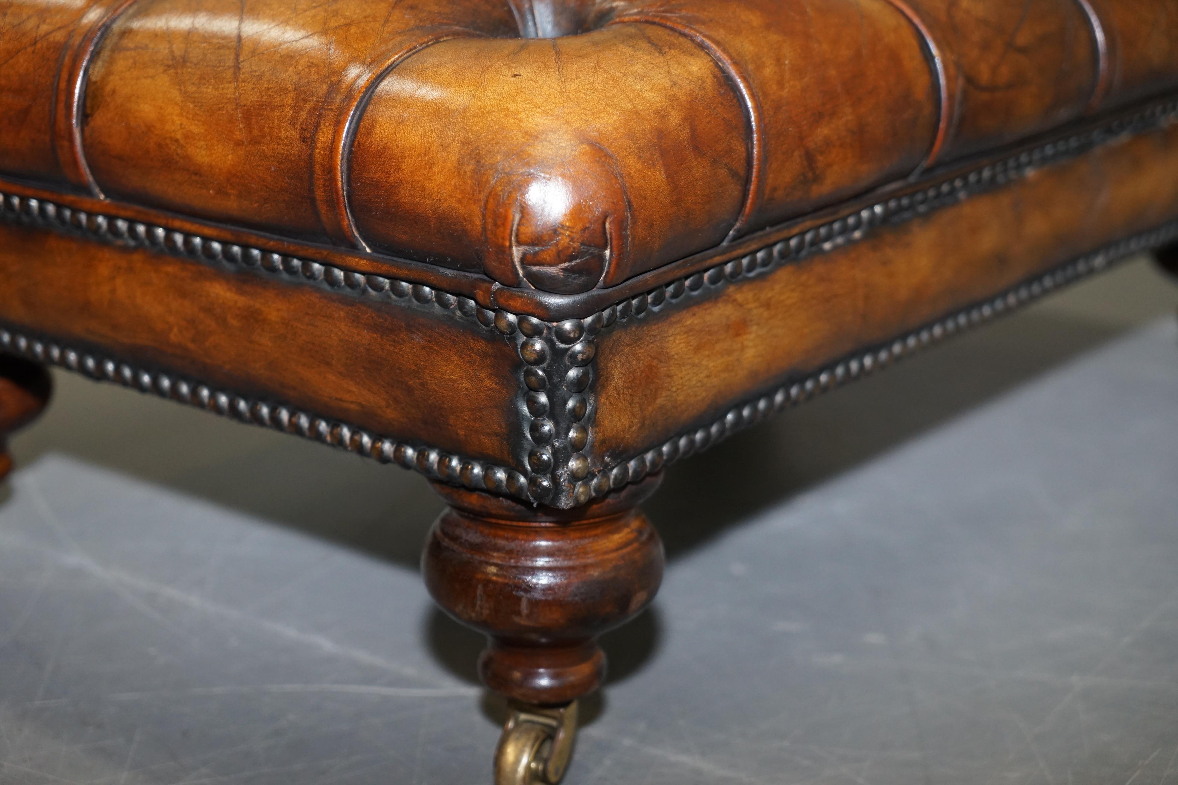 Stunning Fully Restored Chesterfield Brown Leather Hand Dyed Footstool Ottoman 11