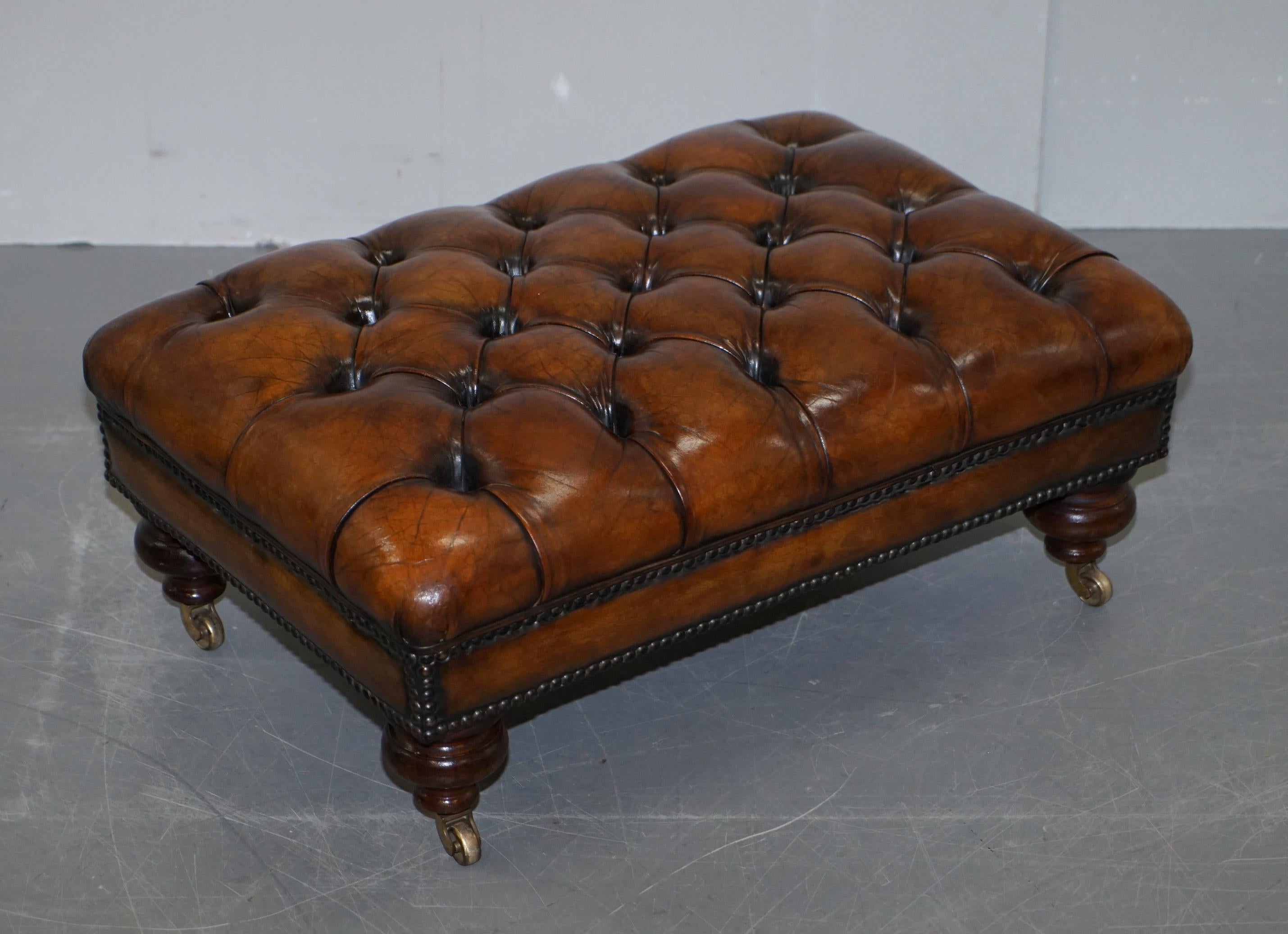 English Stunning Fully Restored Chesterfield Brown Leather Hand Dyed Footstool Ottoman