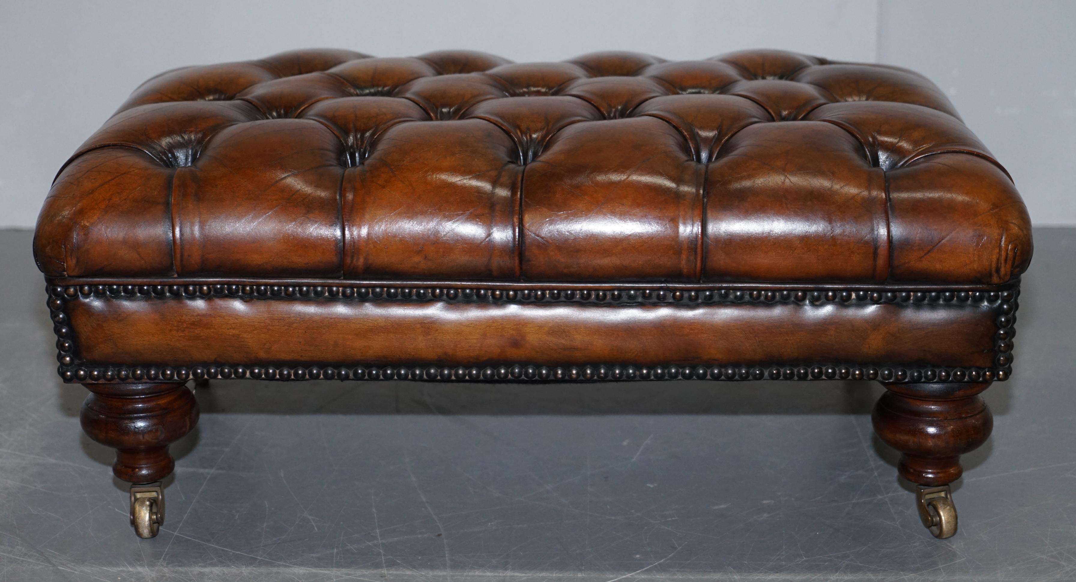 Stunning Fully Restored Chesterfield Brown Leather Hand Dyed Footstool Ottoman 3