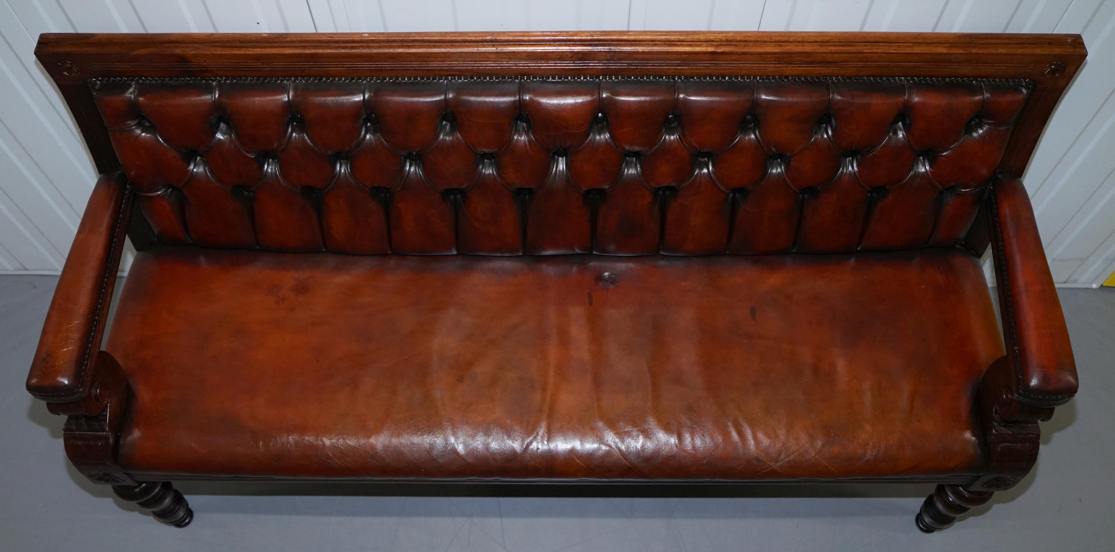 Stunning Fully Restored Chesterfield Brown Leather Mahogany Bench Part of Suite 6