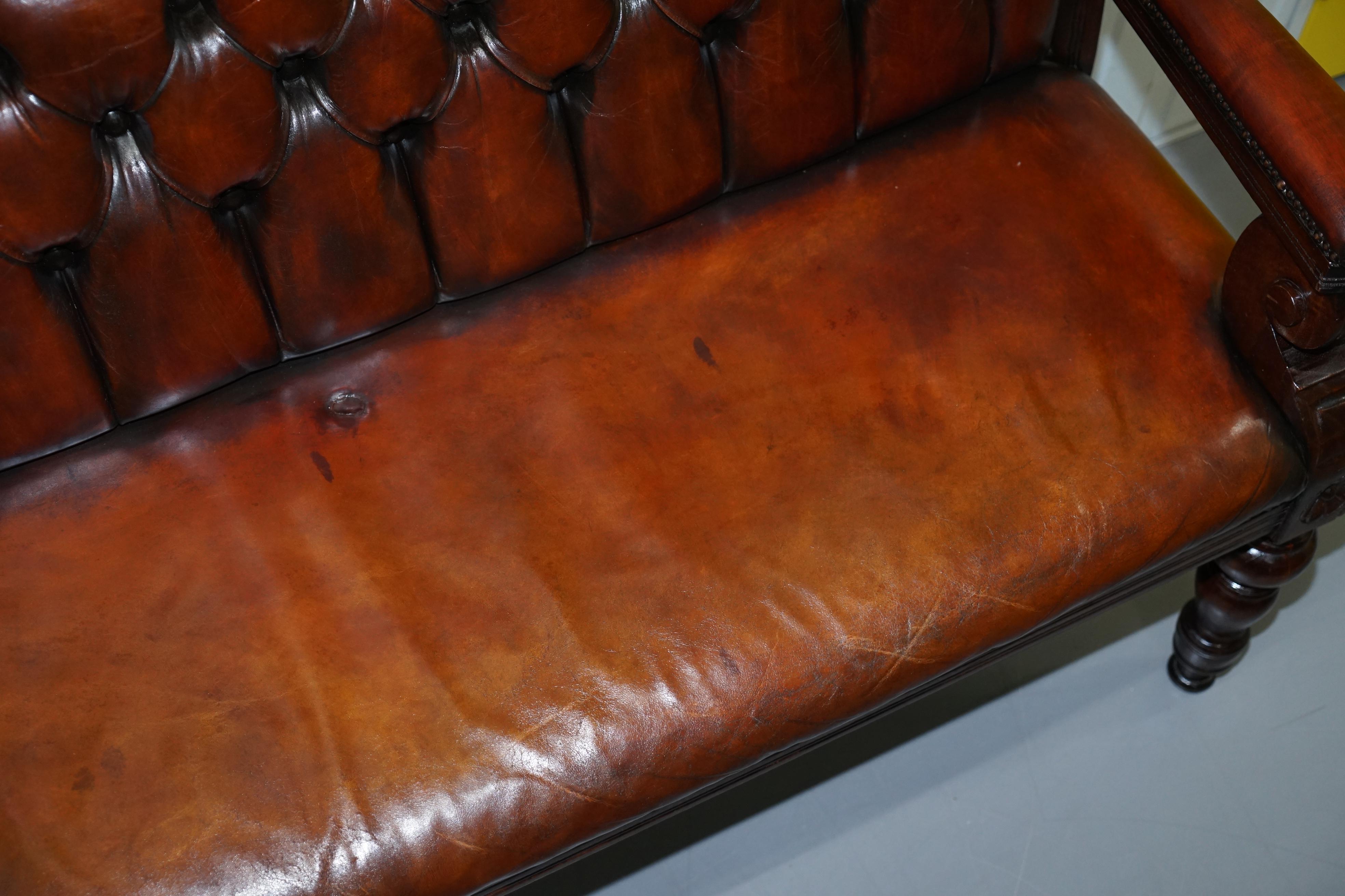 Stunning Fully Restored Chesterfield Brown Leather Mahogany Bench Part of Suite 7