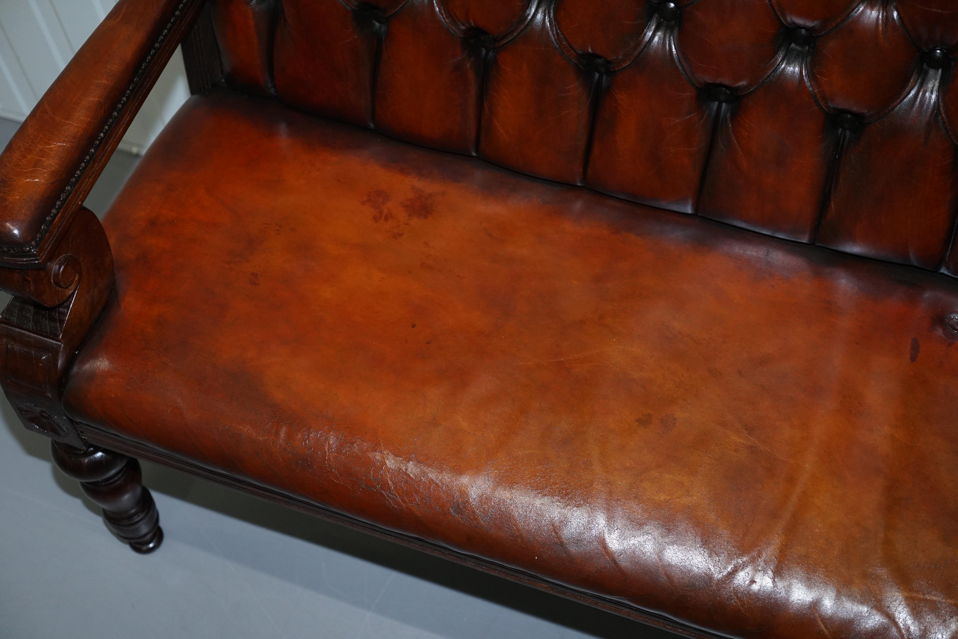 Stunning Fully Restored Chesterfield Brown Leather Mahogany Bench Part of Suite 8