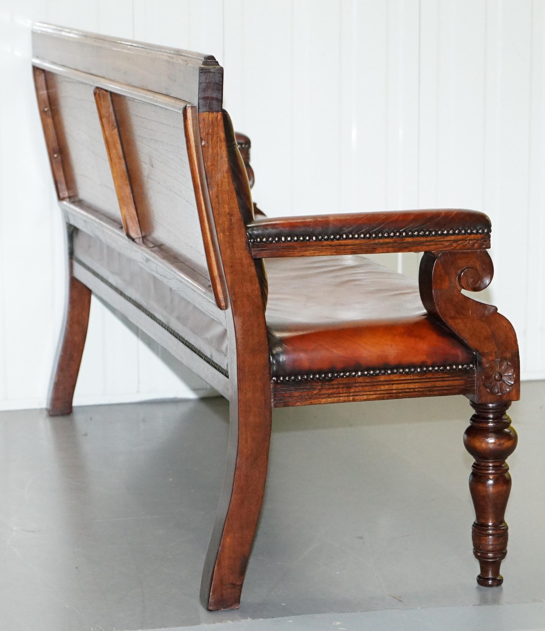 Stunning Fully Restored Chesterfield Brown Leather Mahogany Bench Part of Suite 9
