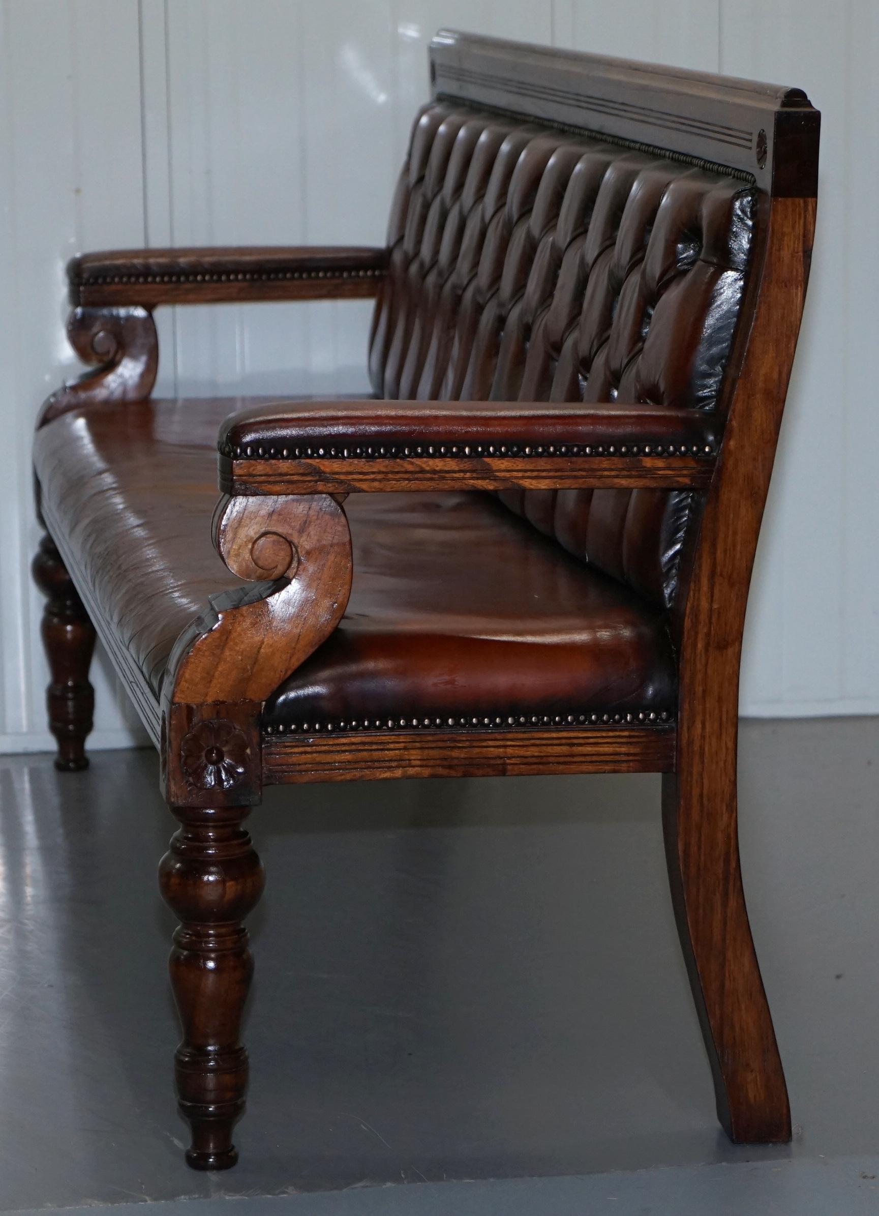 Stunning Fully Restored Chesterfield Brown Leather Mahogany Bench Part of Suite 13