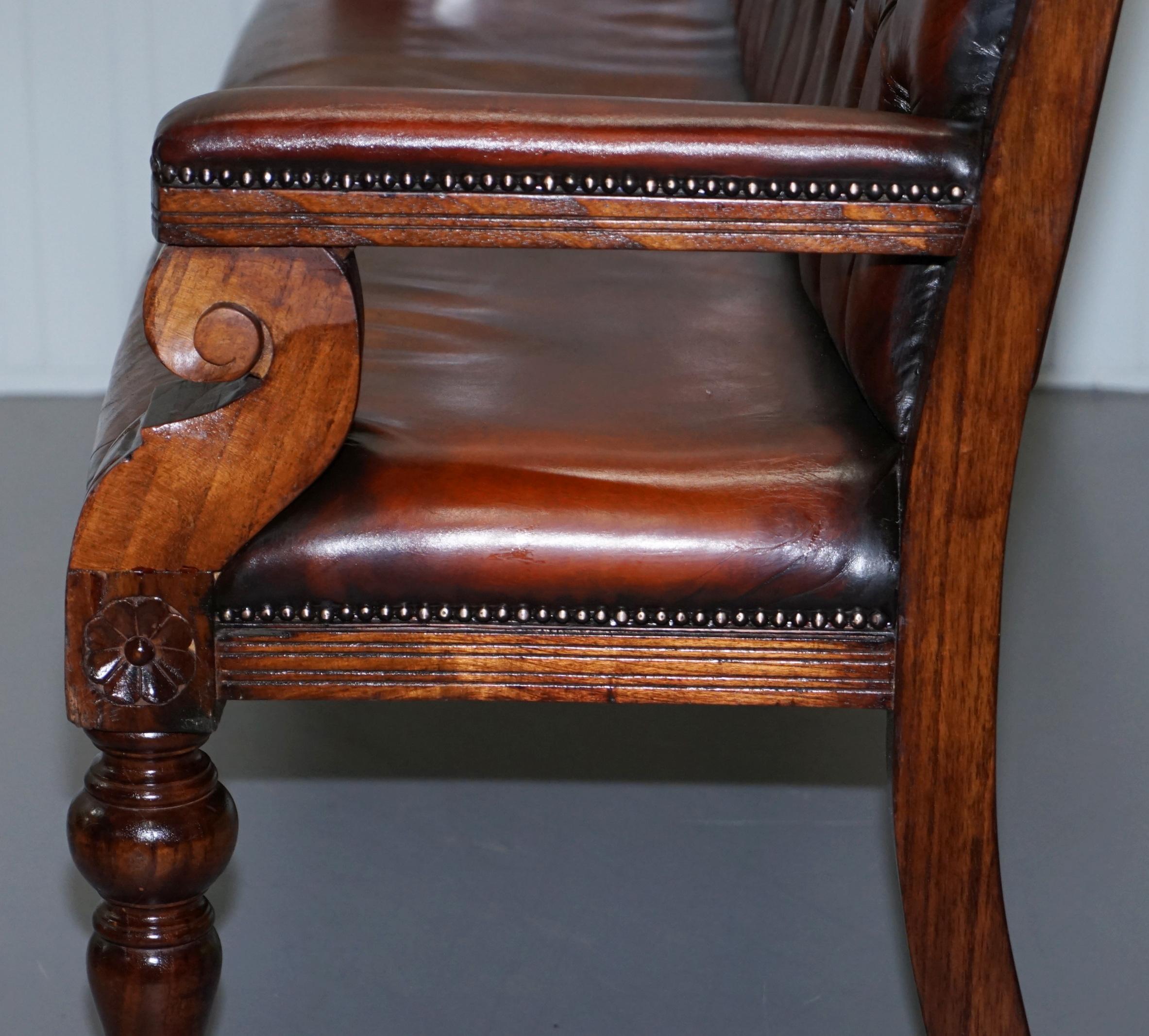 Stunning Fully Restored Chesterfield Brown Leather Mahogany Bench Part of Suite 14