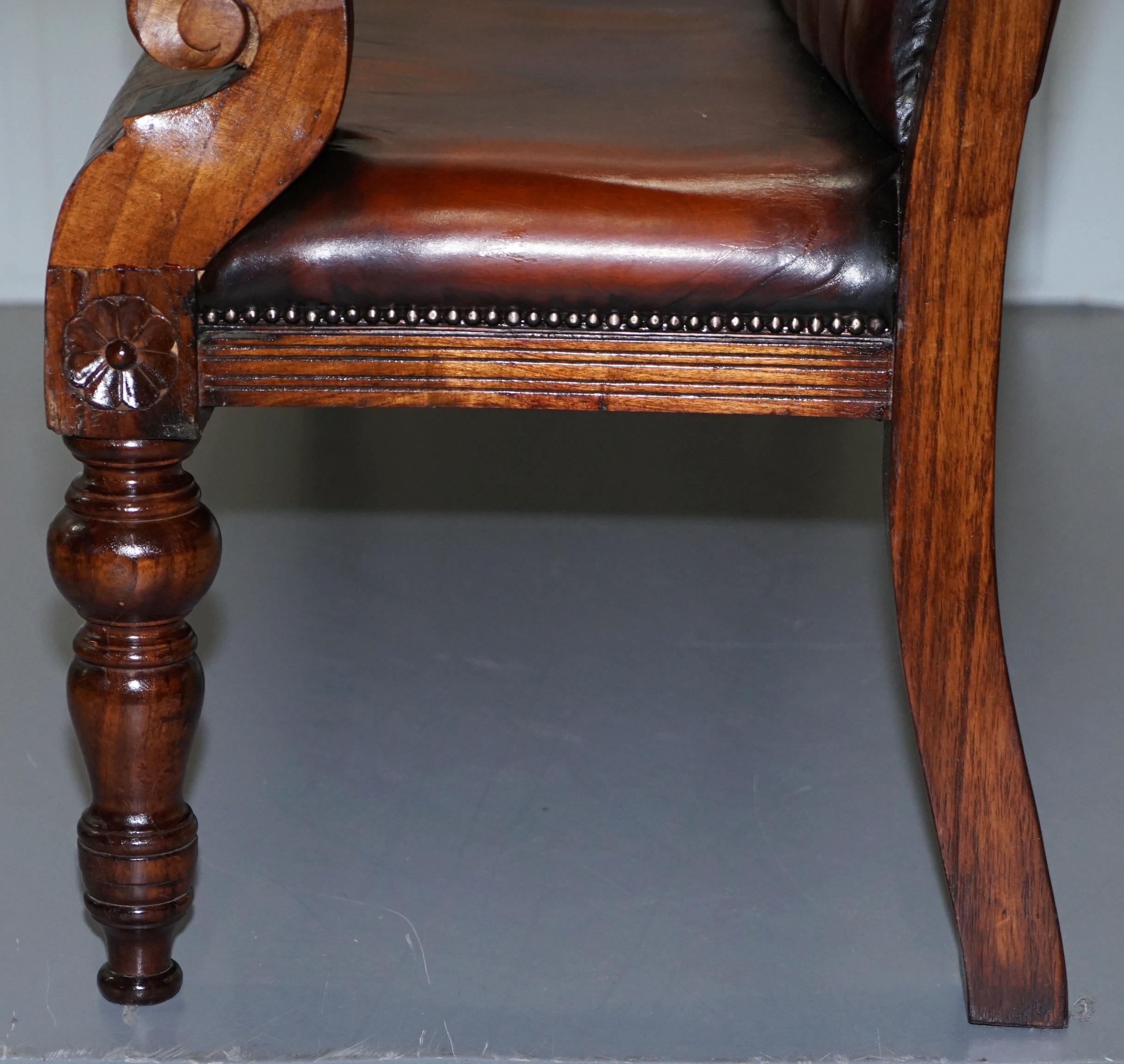 Stunning Fully Restored Chesterfield Brown Leather Mahogany Bench Part of Suite 15