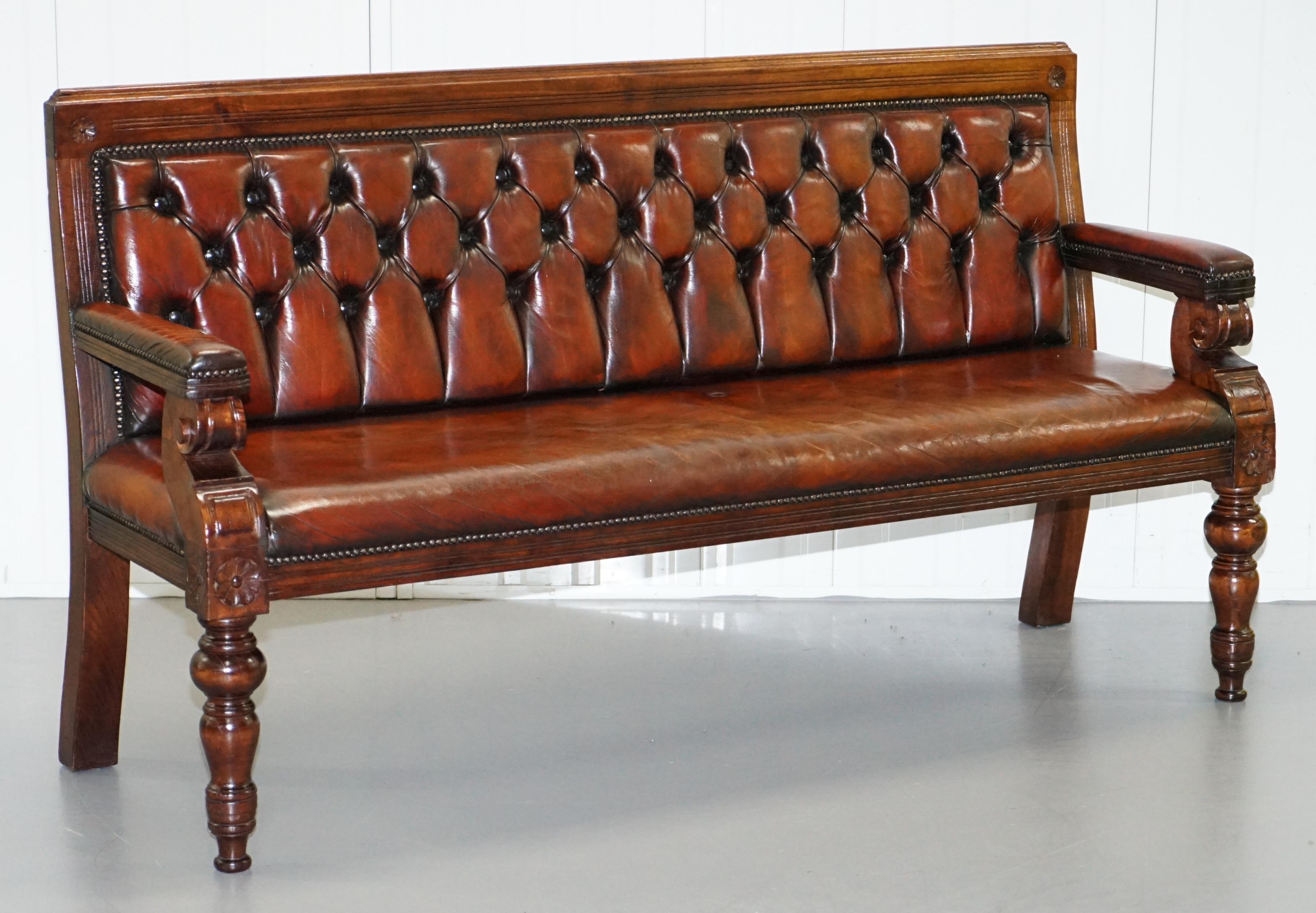 English Stunning Fully Restored Chesterfield Brown Leather Mahogany Bench Part of Suite