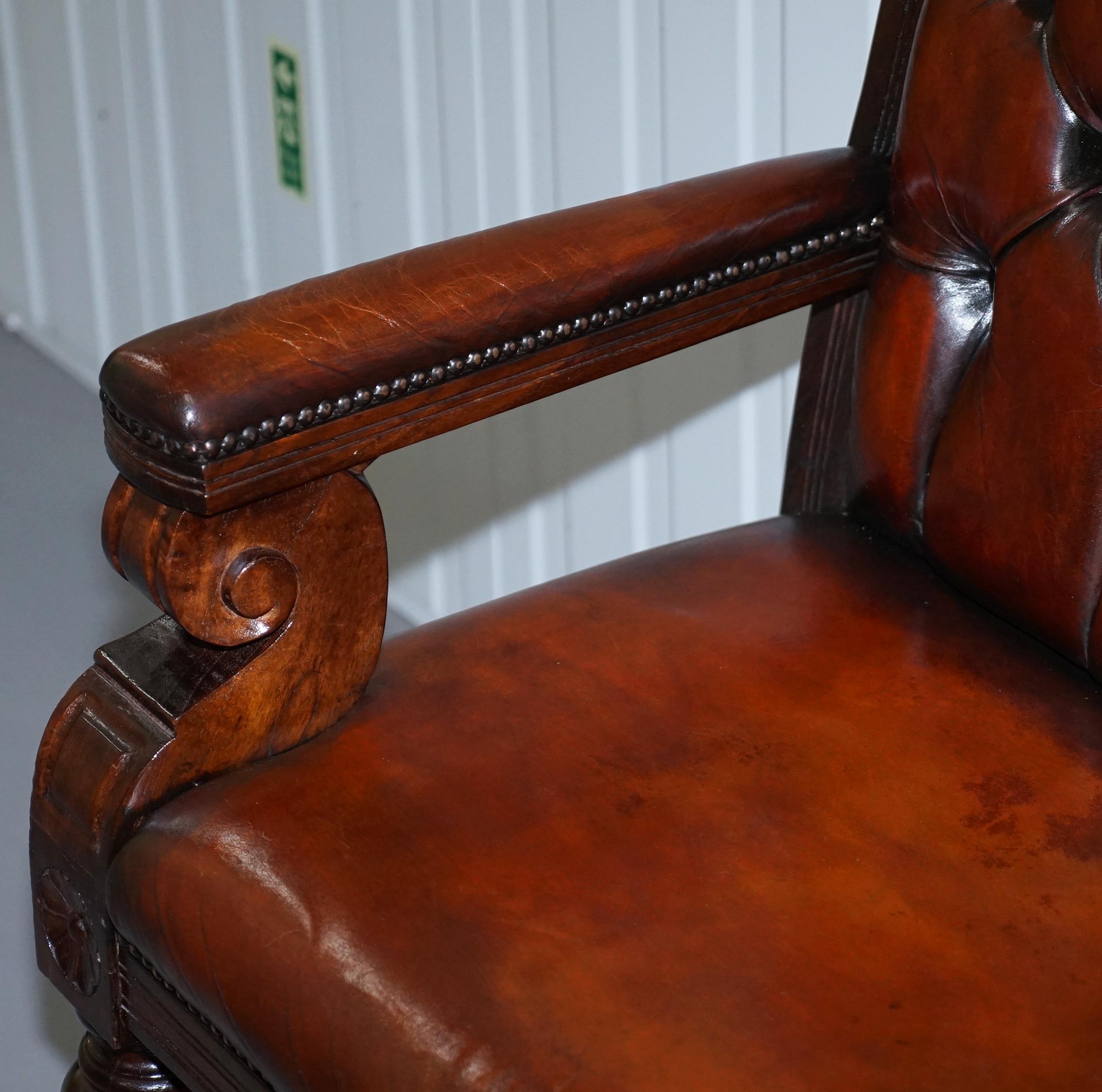 Hand-Carved Stunning Fully Restored Chesterfield Brown Leather Mahogany Bench Part of Suite